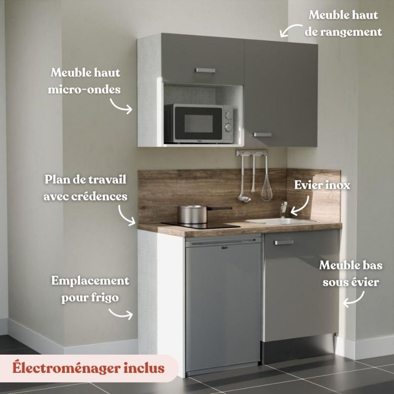 Kitchenette équipée 120 cm K07 Gris - Plan de travail Bois - Crédences ...