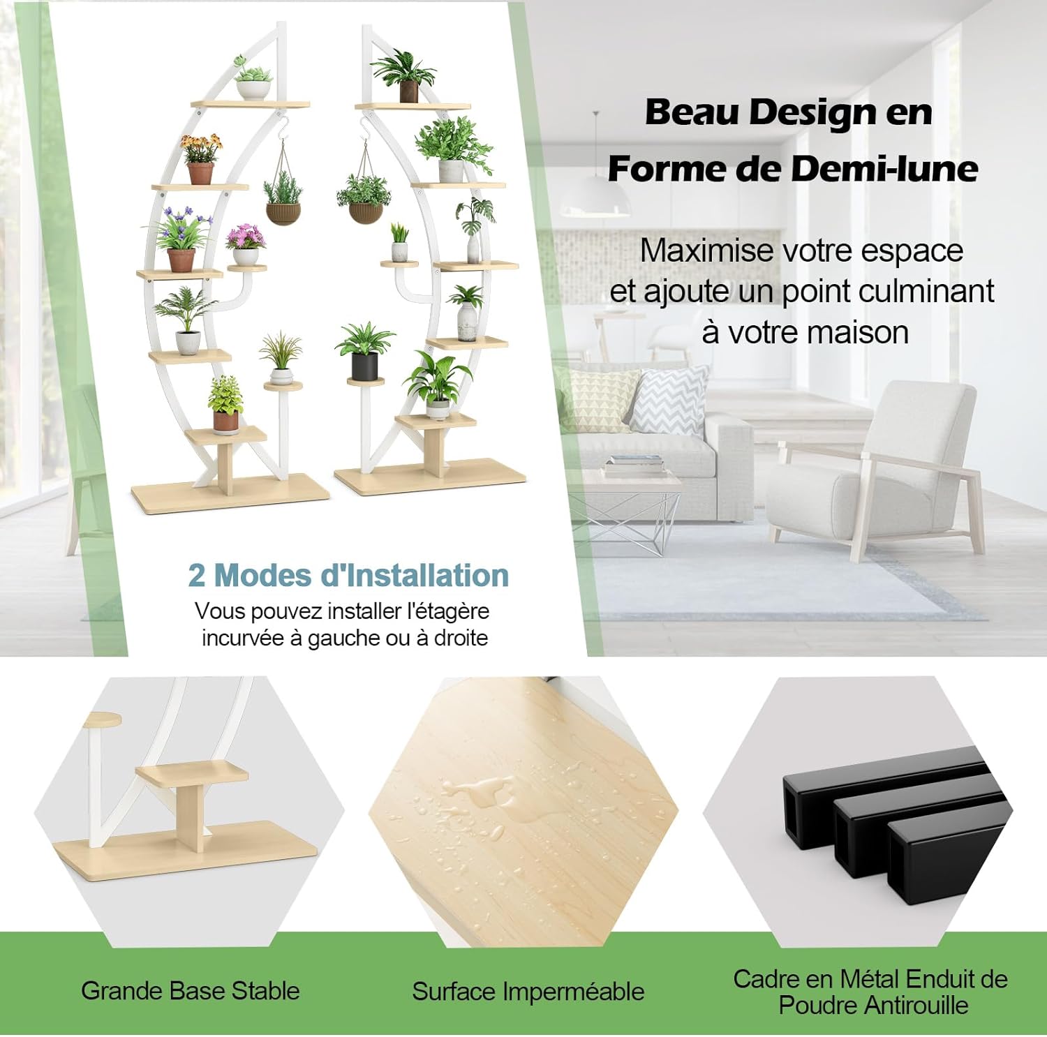 Support de Plante en Métal à 7 Niveaux, Étagère à Fleurs avec Crochet, Porte Plantes en Forme de Demi-lune, 60 x 30 x 155 CM, Blanc - 3