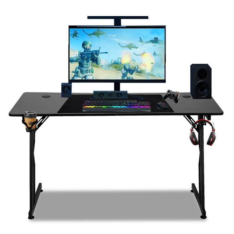 Biurko gamingowe, 120*60 cm, w kształcie litery Z, podstawka pod monitor, uchwyt na kubek, haczyk na słuchawki, kolor czarny