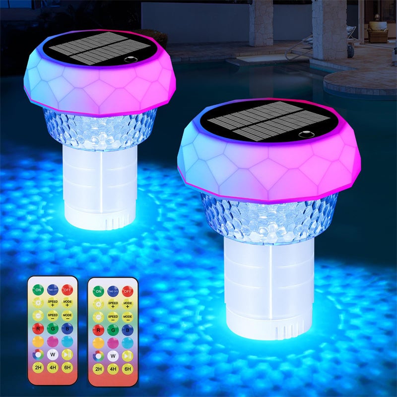 Zestaw 2 solarnych pływaków do basenu, pływające lampy z pilotem, 7 świateł, do basenu naziemnego, impreza przy basenie