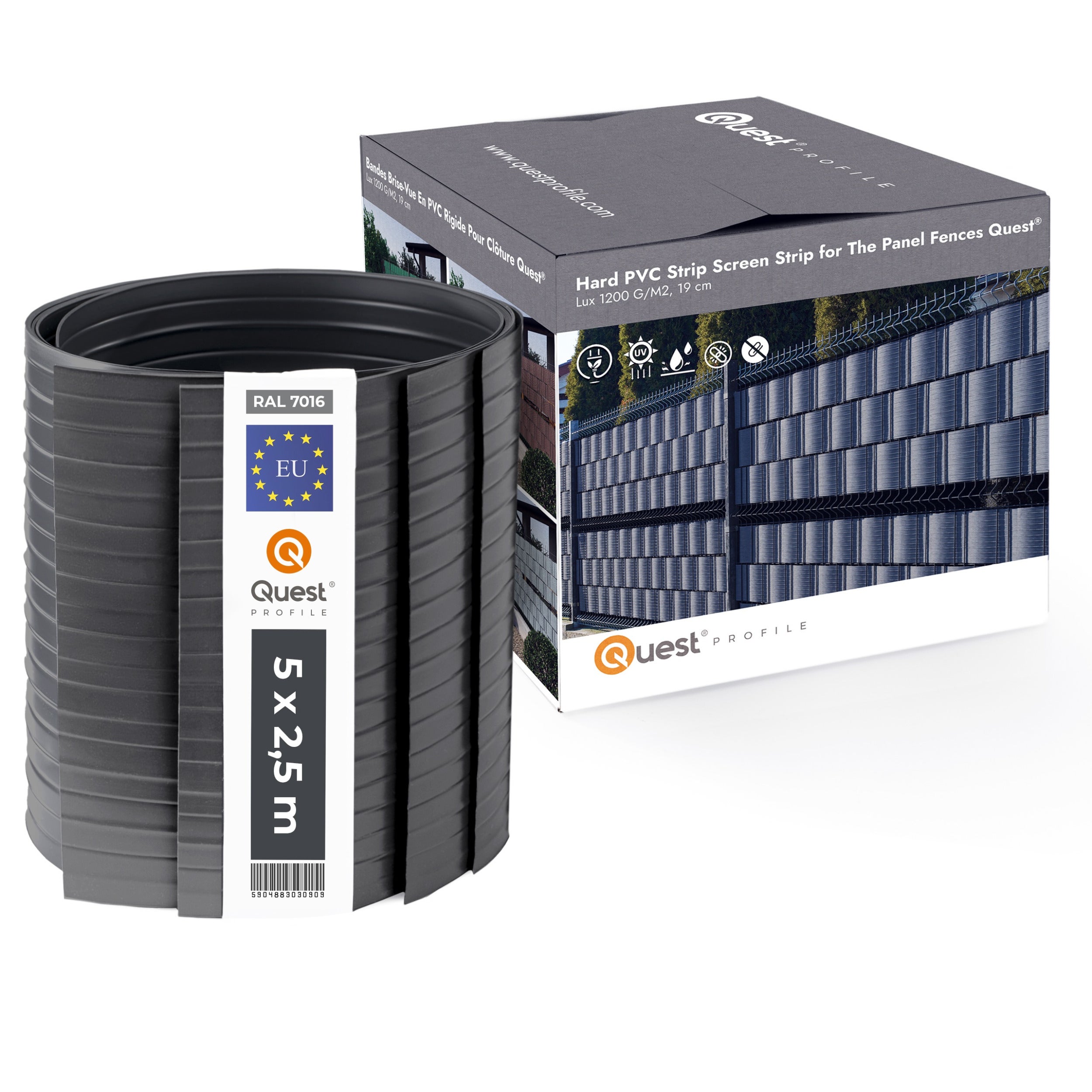 QUEST Taśma ogrodzeniowa PCV 19cm, listwa do ogrodzeń panelowych premium, 900 g/m2, RAL7016, antracyt, 5 x 2,525 m