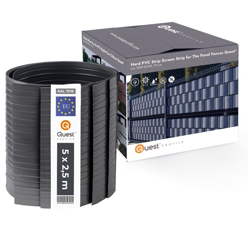 QUEST Taśma ogrodzeniowa PCV 19cm, listwa do ogrodzeń panelowych premium, 900 g/m2, RAL7016, antracyt, 5 x 2,525 m