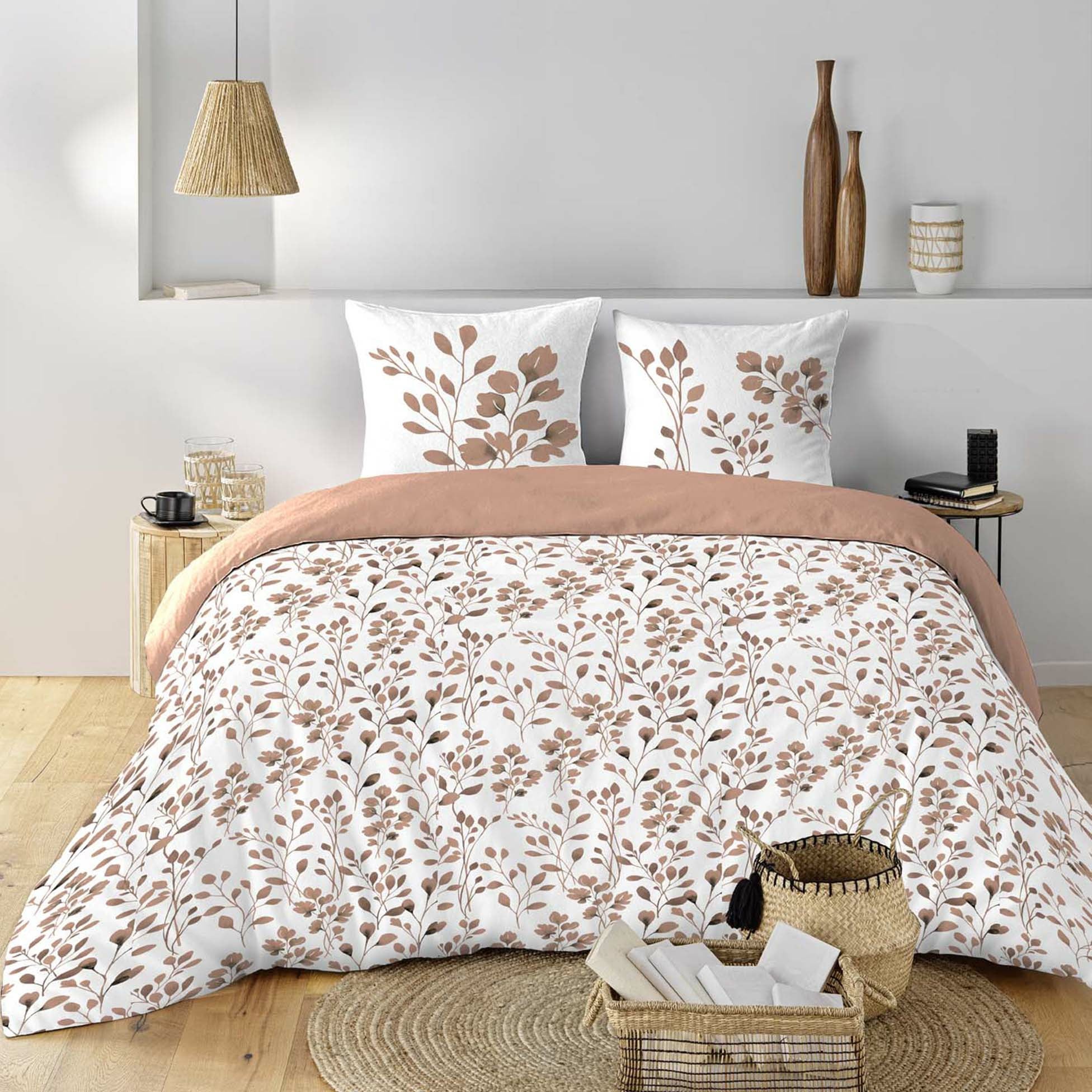 Housse de couette 240 x 220 cm coton 57 fils MAIWEN Mocha + 2 taies – Motif végétal - 4