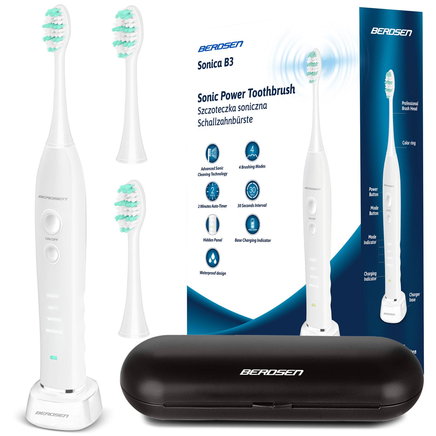 Szczoteczka soniczna do zębów Berdsen Sonica B3 biały + etui 5164-5191
