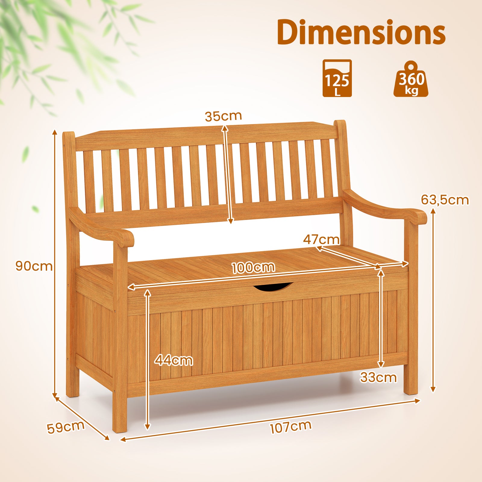Banc de Jardin en Bois d'Acacia 107 x 59 x 90cm, Banc Coffre Extérieur 2 Places avec Boîte de Rangement, Coffre Jardin 125L, Charge Max 360 kg - 3