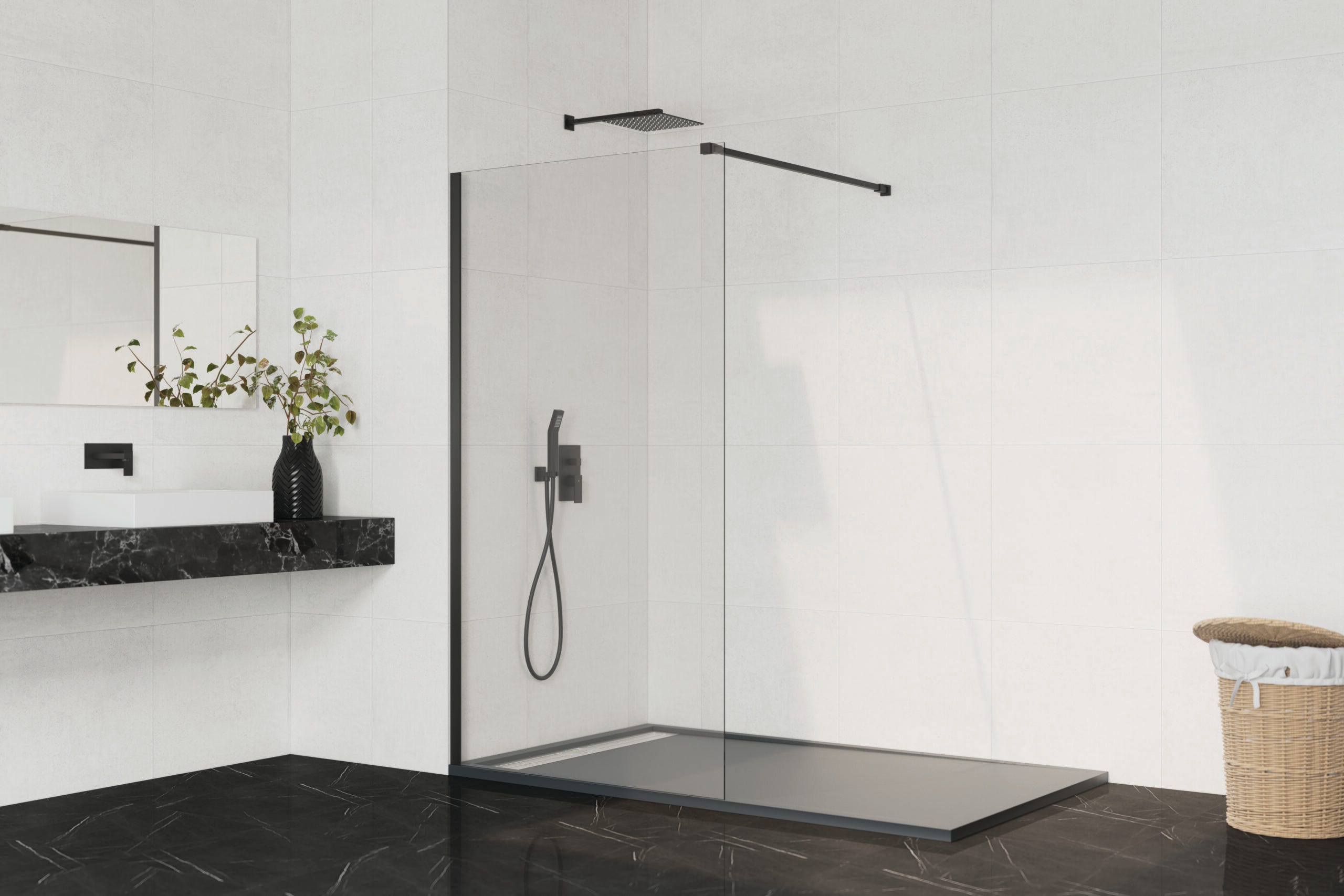 Paroi fixe de douche SCREEN Noir Transparent 88-90 cm (Comprend bras de