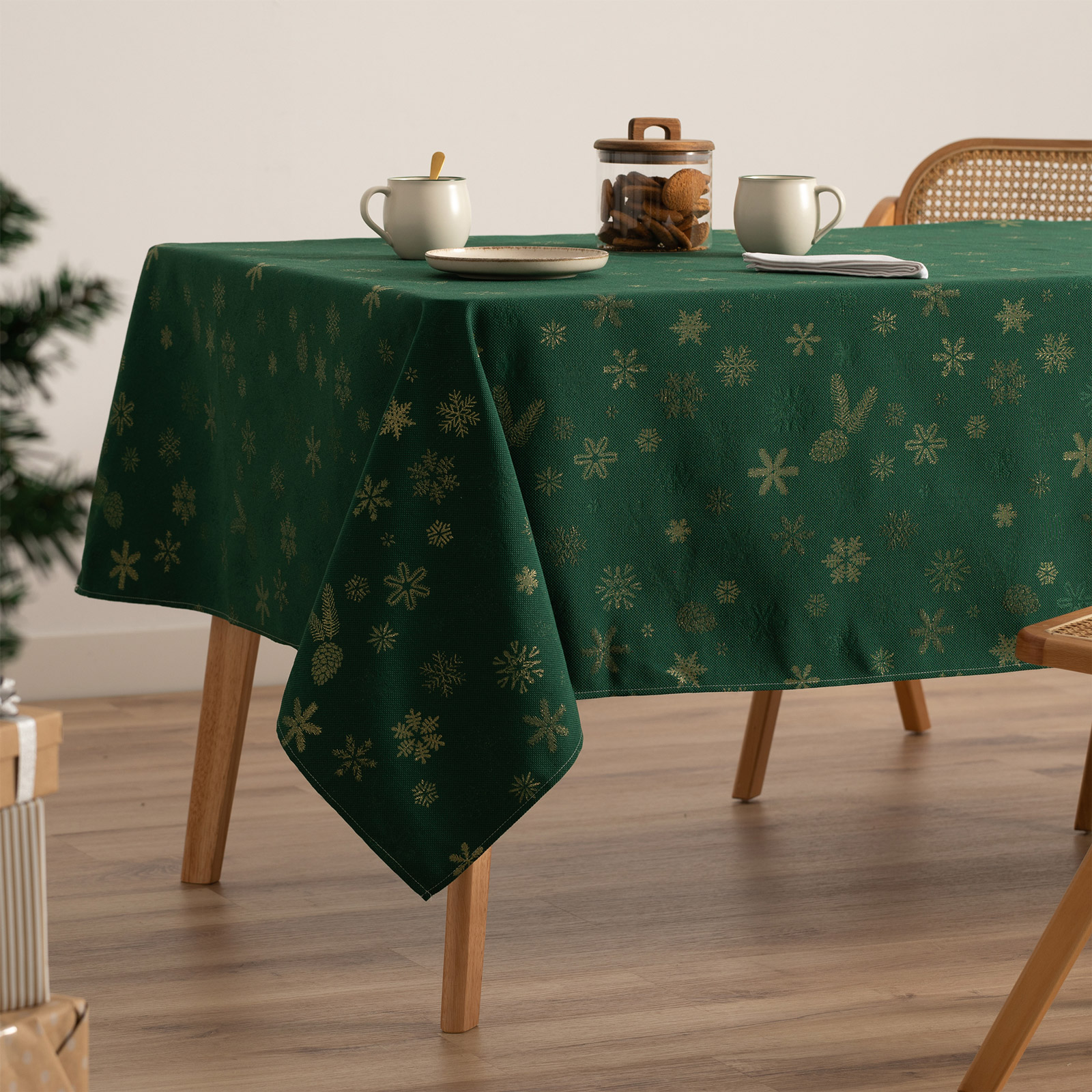Mantel navidad algodón rectangular jacquard snowflake verde 140x100 cm - flake