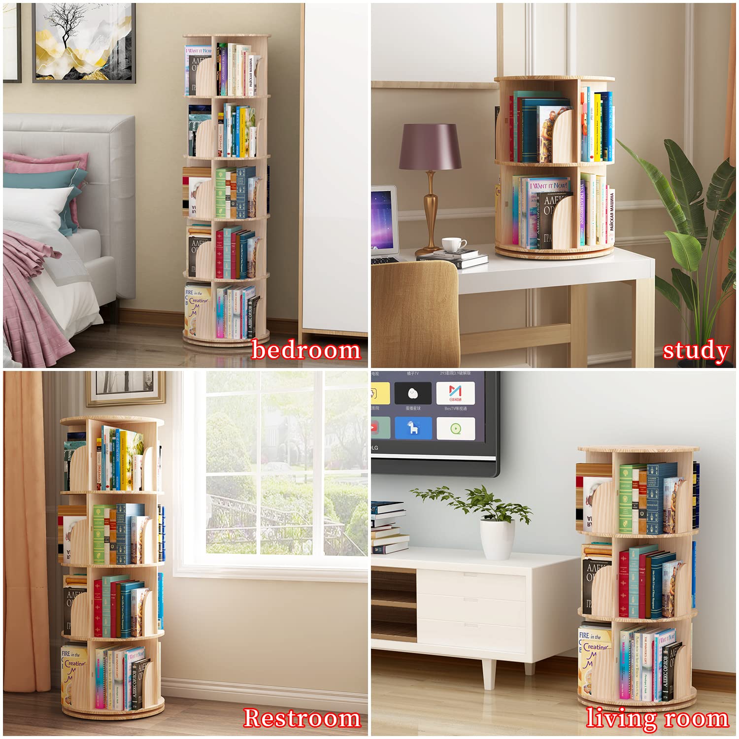 Libreria Girevole A 360° Per Bambini PTUWODS - 5 Ripiani In Legno Di Pino Massello, Scaffale Angolare A Torre, Organizzatore Per Libri E Giochi, Altezza Variabile - 6