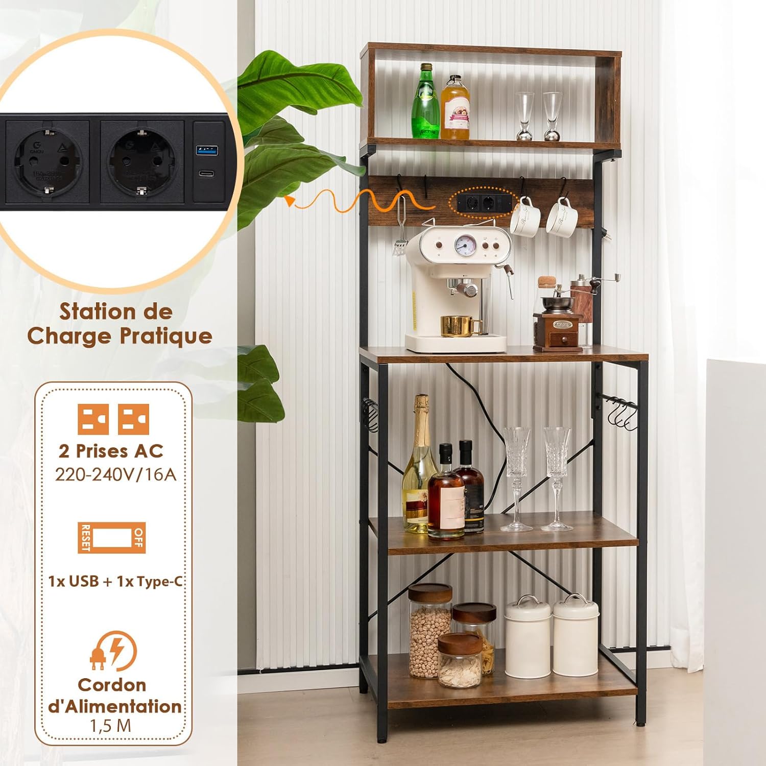 Mensola da Cucina, Supporto per Microonde con Presa Elettrica Ripiani Aperti e 10 Ganci Appendiabiti, Scaffale Multifunzionale per Cucina Sogg - 6