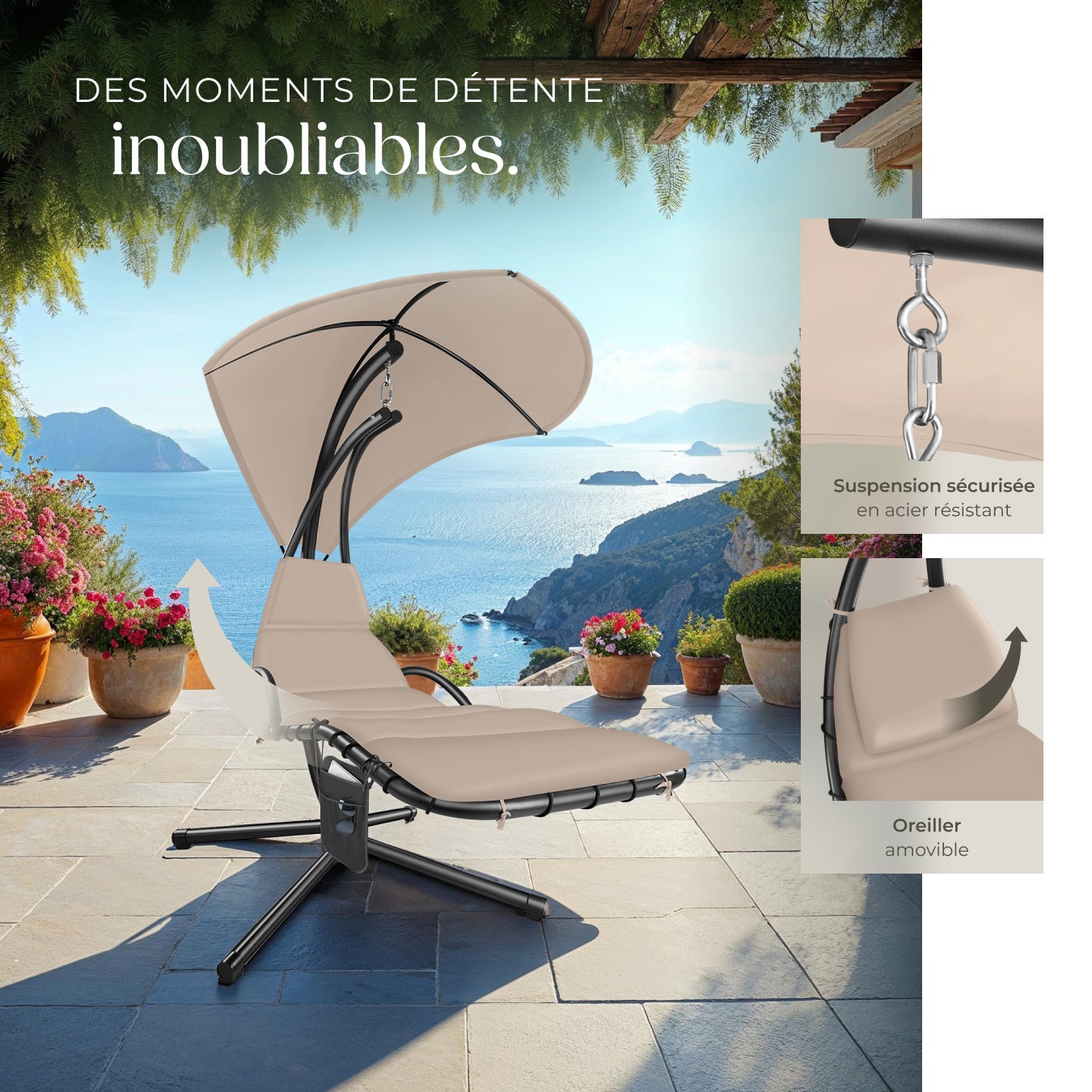Fauteuil suspendu Elaria avec pare-soleil et poche latérale pare-soleil avec protection UV TECTAKE - 8
