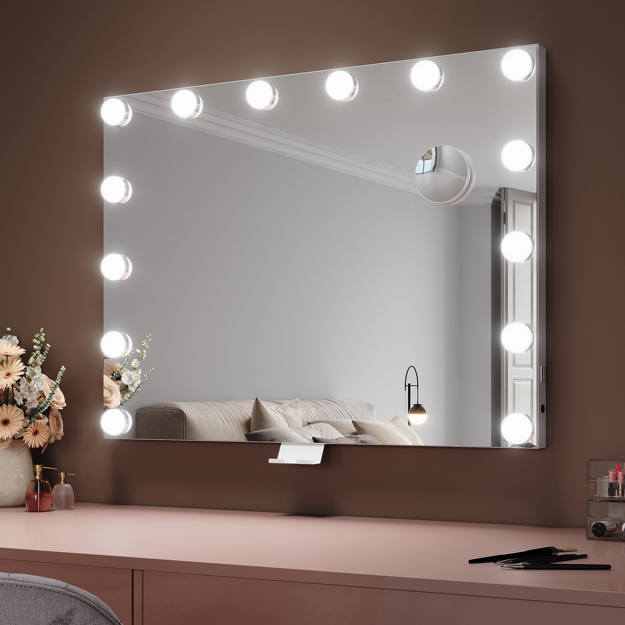 HOMCOM Specchio Da Trucco Hollywood Con Luci LED – 80x62 Cm, 3 Modalità Luminosità Regolabile, Porta USB, Specchio Ingranditore 10x - 5