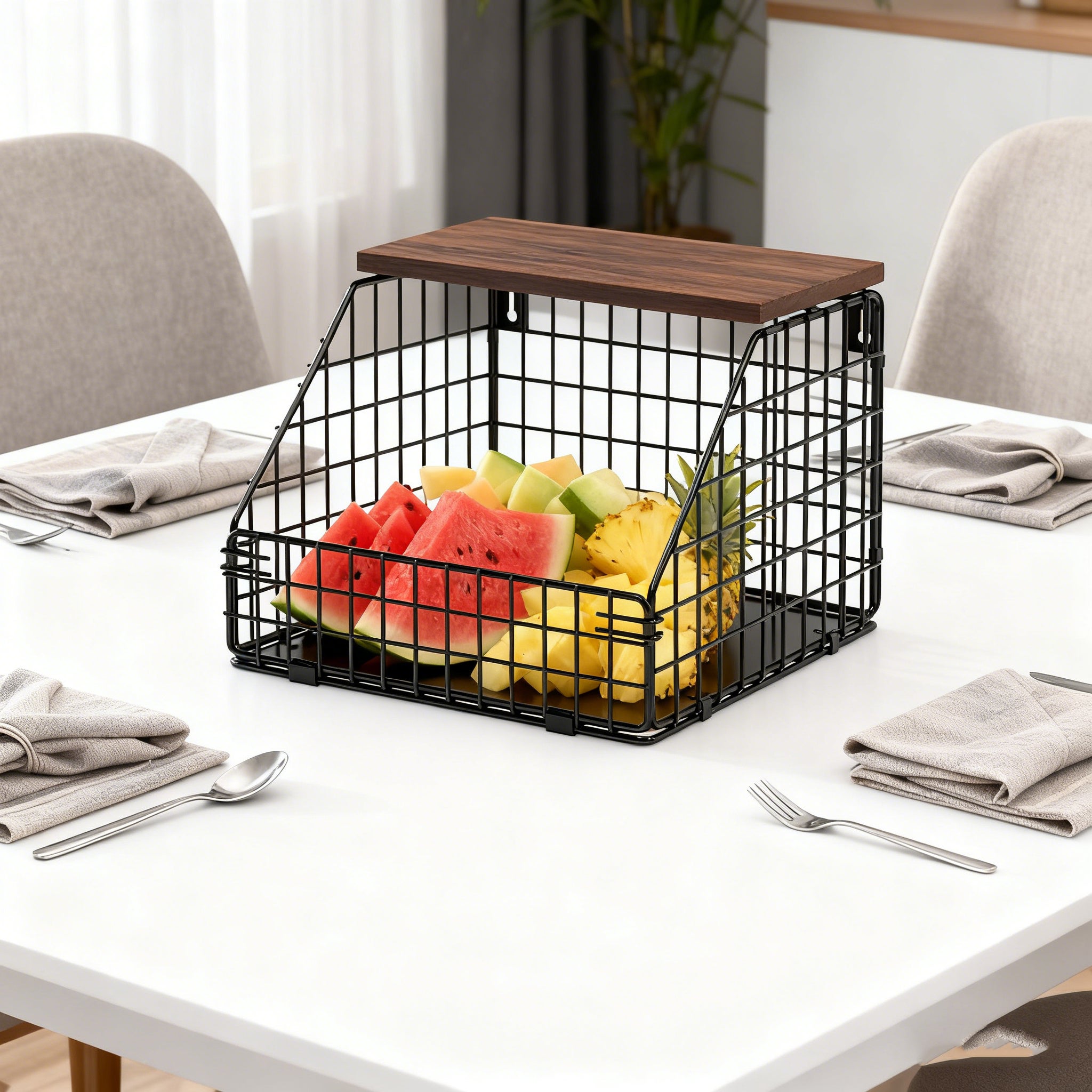 Cesti frutta impilabili con coperchio in legno, cesto a muro con 2 ganci per cucina, organizzatore salvaspazio per il banco cucina - 5