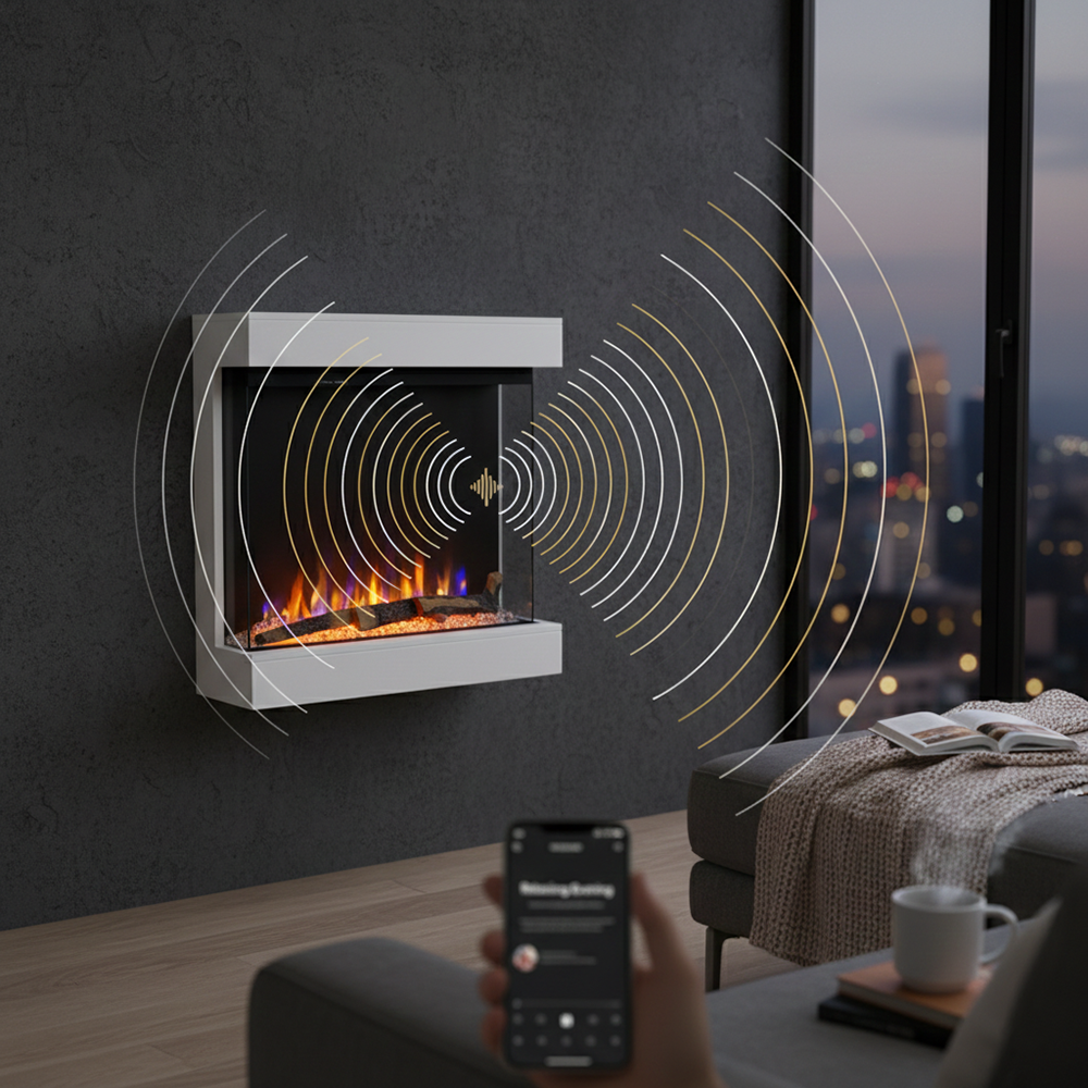 Tempo Style – Kominek elektryczny CALLIOPE w kolorze białym ze zintegrowanym głośnikiem Bluetooth | Efekt prawdziwego ognia 750–1500 W - 9