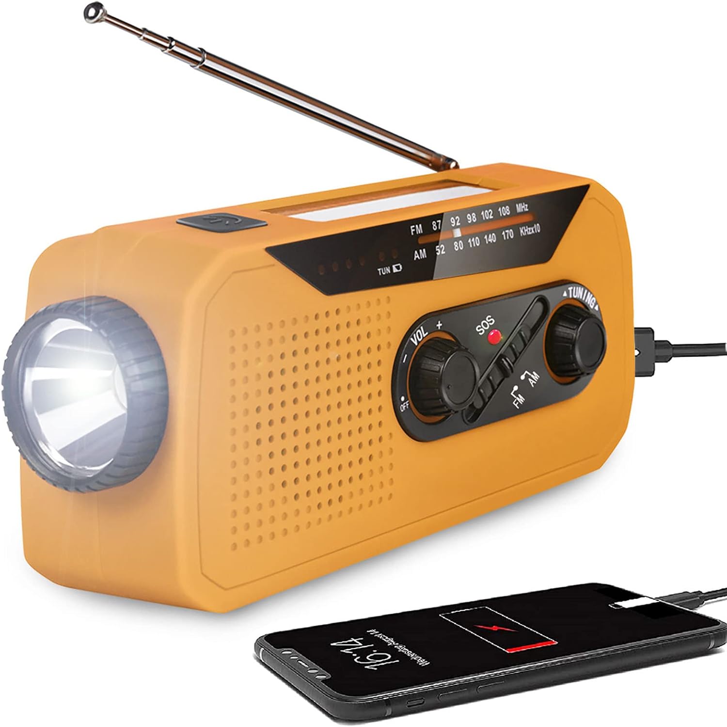 Radio AM/FM z korbką słoneczną, latarką LED, alarmem SOS i baterią 2000 mAh, idealne w sytuacjach awaryjnych i na zewnątrz.