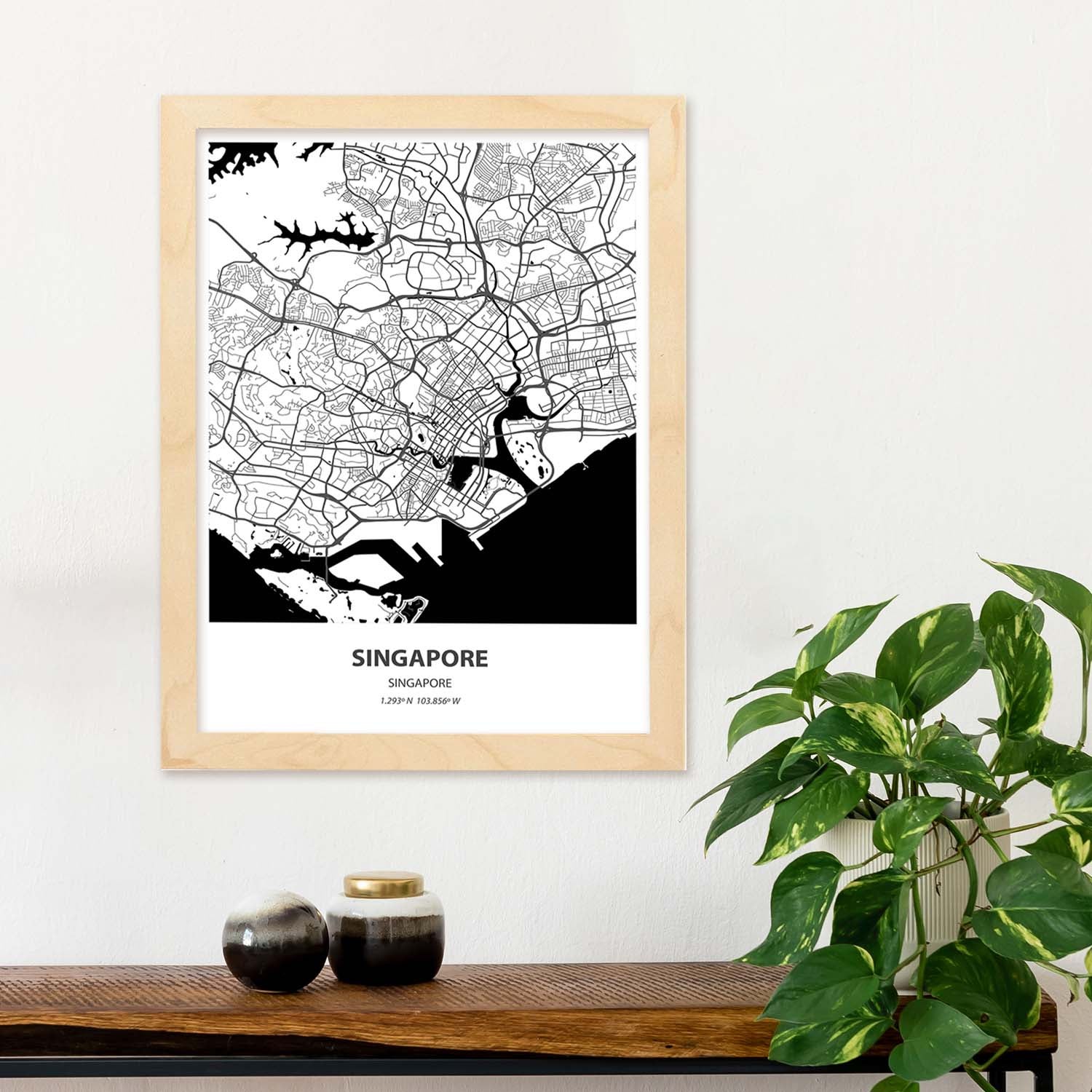 Poster con mapa de singapur singapur. láminas de ciudades de asia con mares y rios en color negro. sin marco - a4