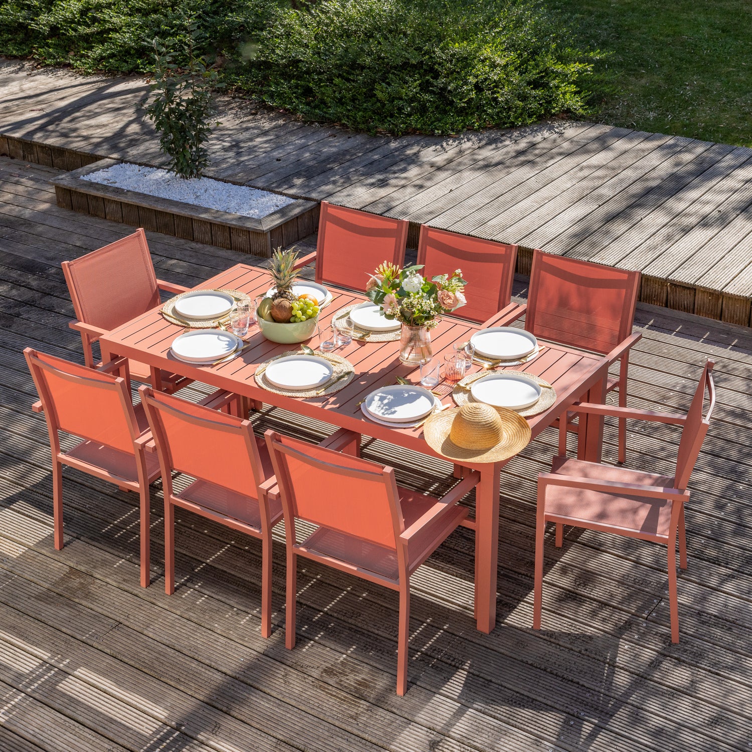 Zestaw mebli ogrodowych BARI textilene terracotta 8 miejsc siedzących - aluminium terracotta