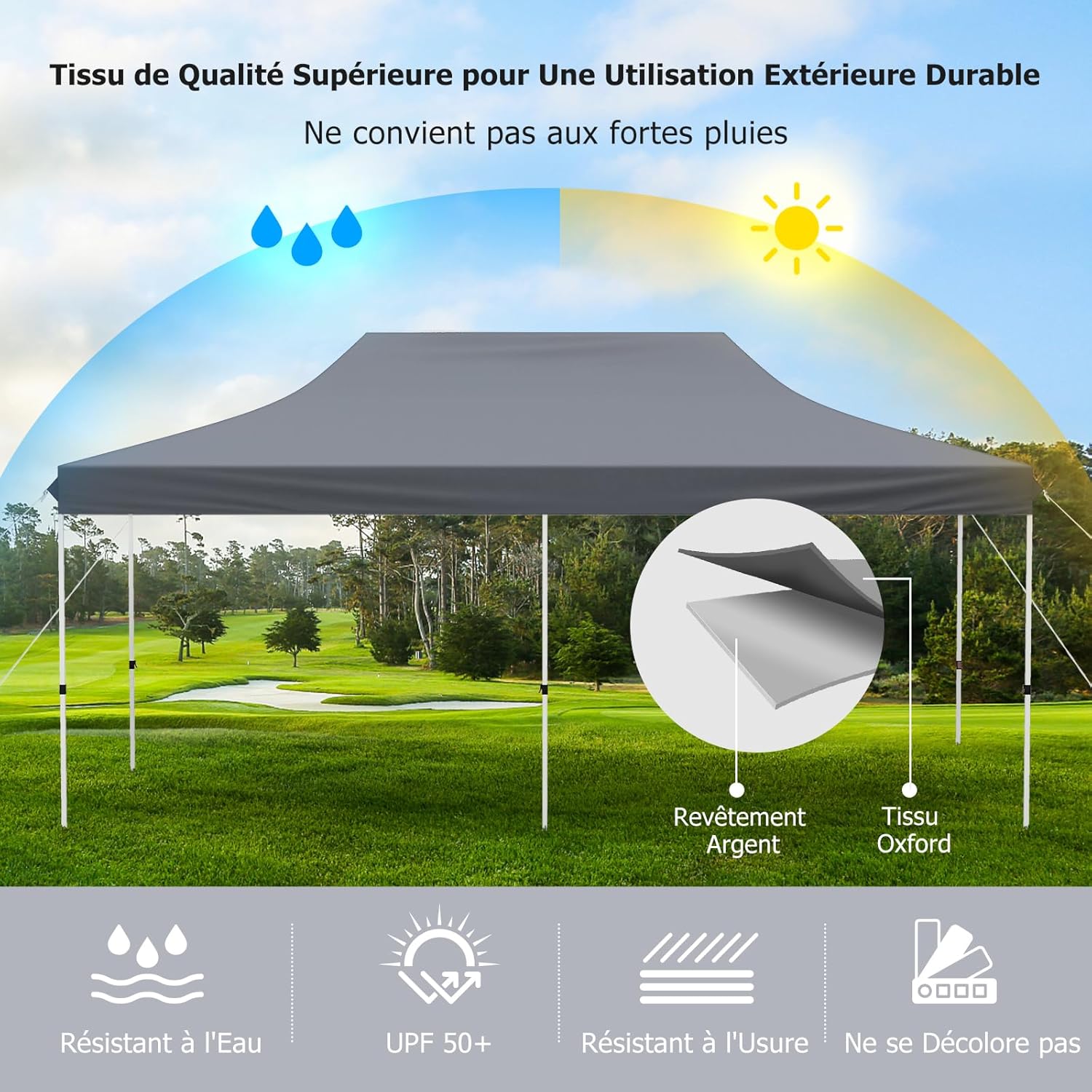 Tonnelle Jardin 3x6M Pop-Up Pliable, Hauteur Réglable, Sac de Transport, 6 Sacs de Sable, Pavillon Portable pour Fête, Mariage, Gris - 4
