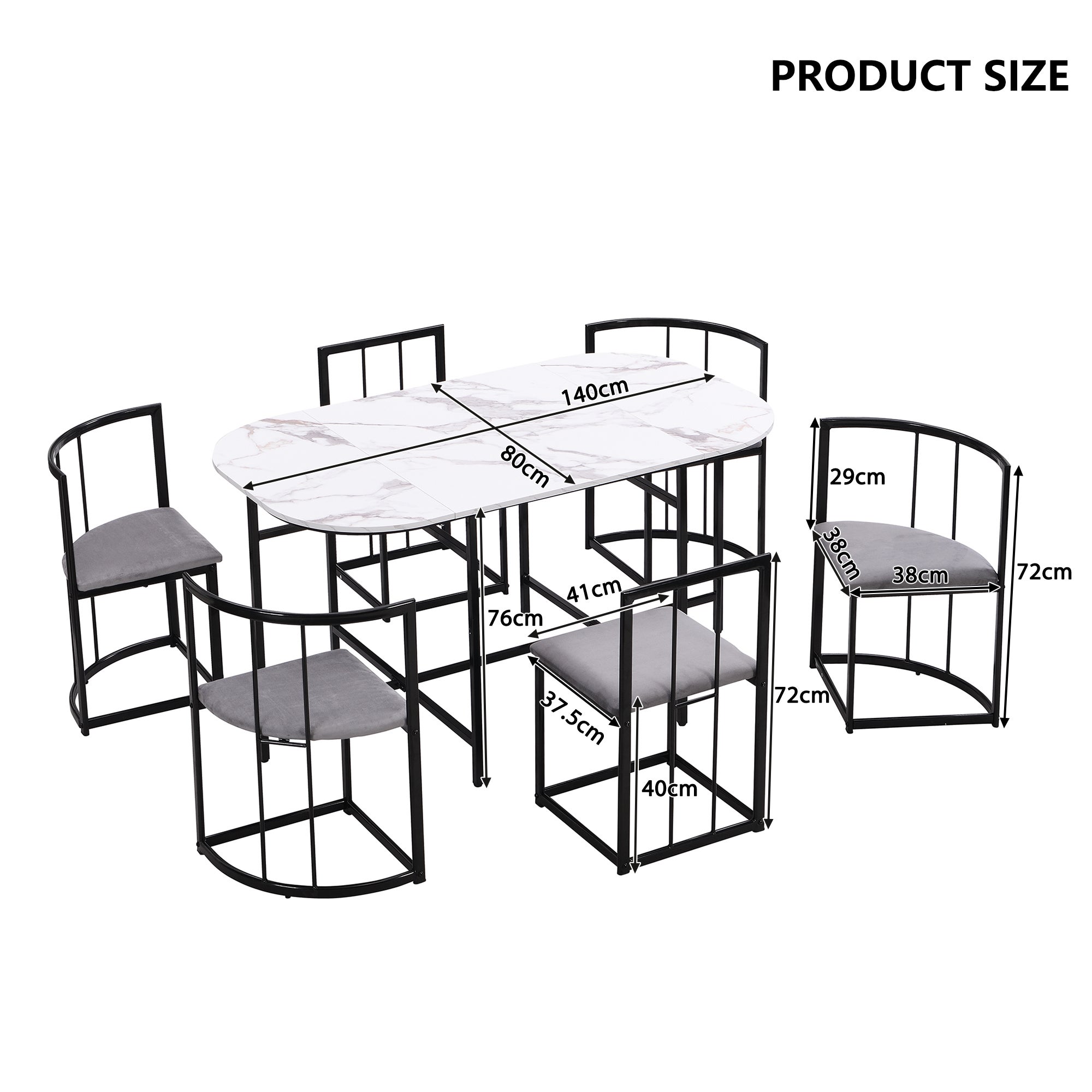 Set tavolo da pranzo con 6 sedie - 140 x 80 x 76 cm - MDF e gambe in metallo nero - Effetto marmo - Bianco + grigio - 8