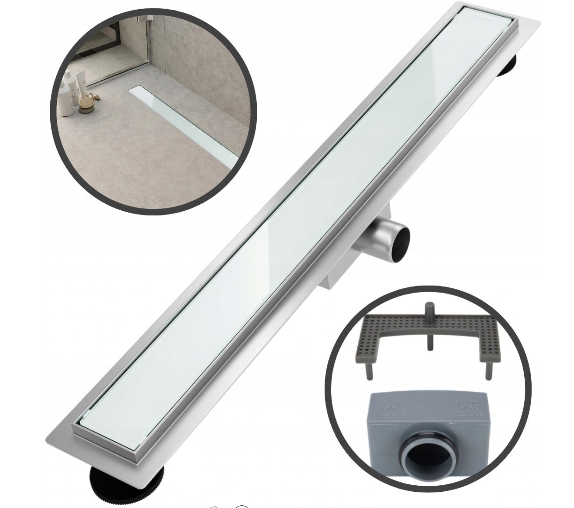 Odpływ liniowy 80 cm białe szkło hartowane podłogowy prysznic – MERFLOW