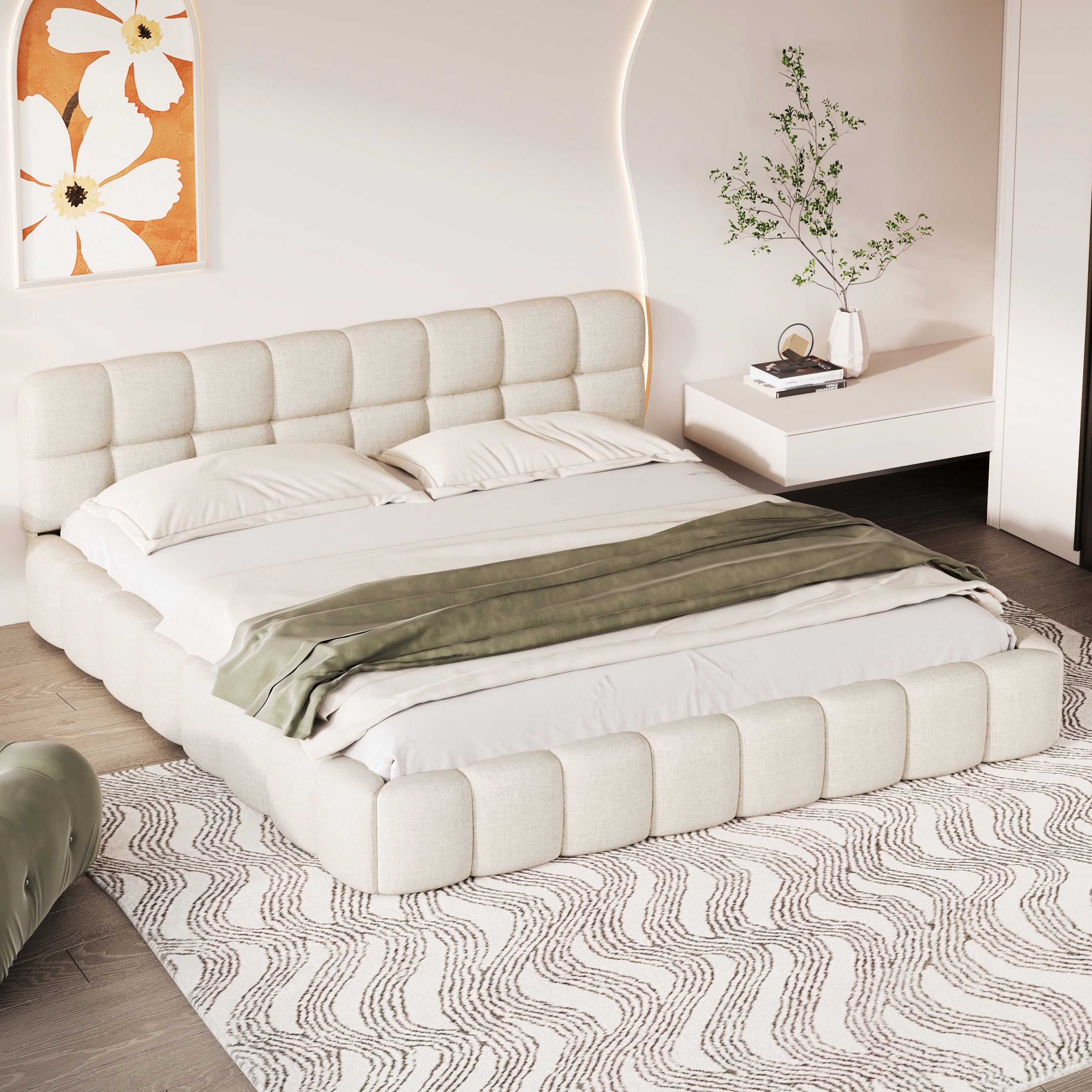 Lit adulte 140x190cm, 140x190cm Lit Bubble, dossier moelleux, Lit plat avec sommier à lattes, (en lin, beige) - 5