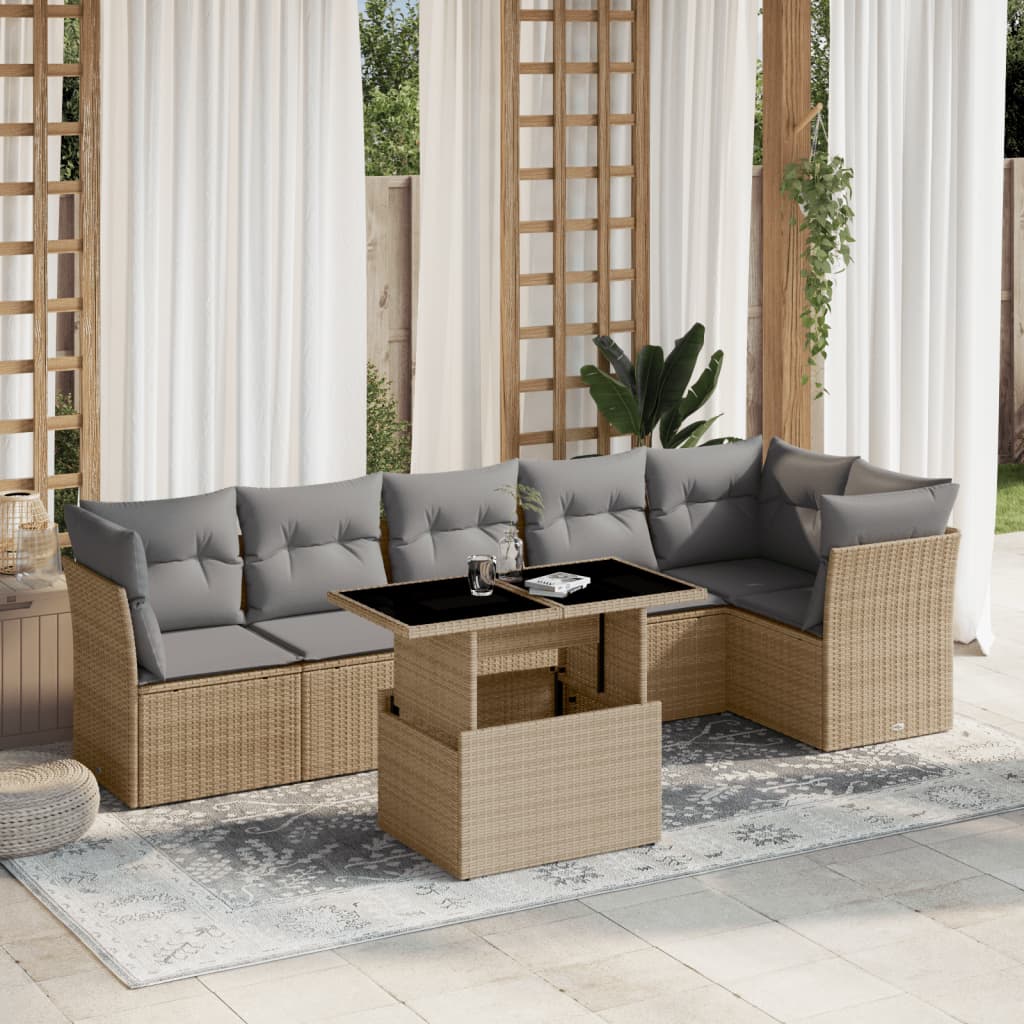 Set sofás de jardín 7 piezas y cojines ratán sintético beige