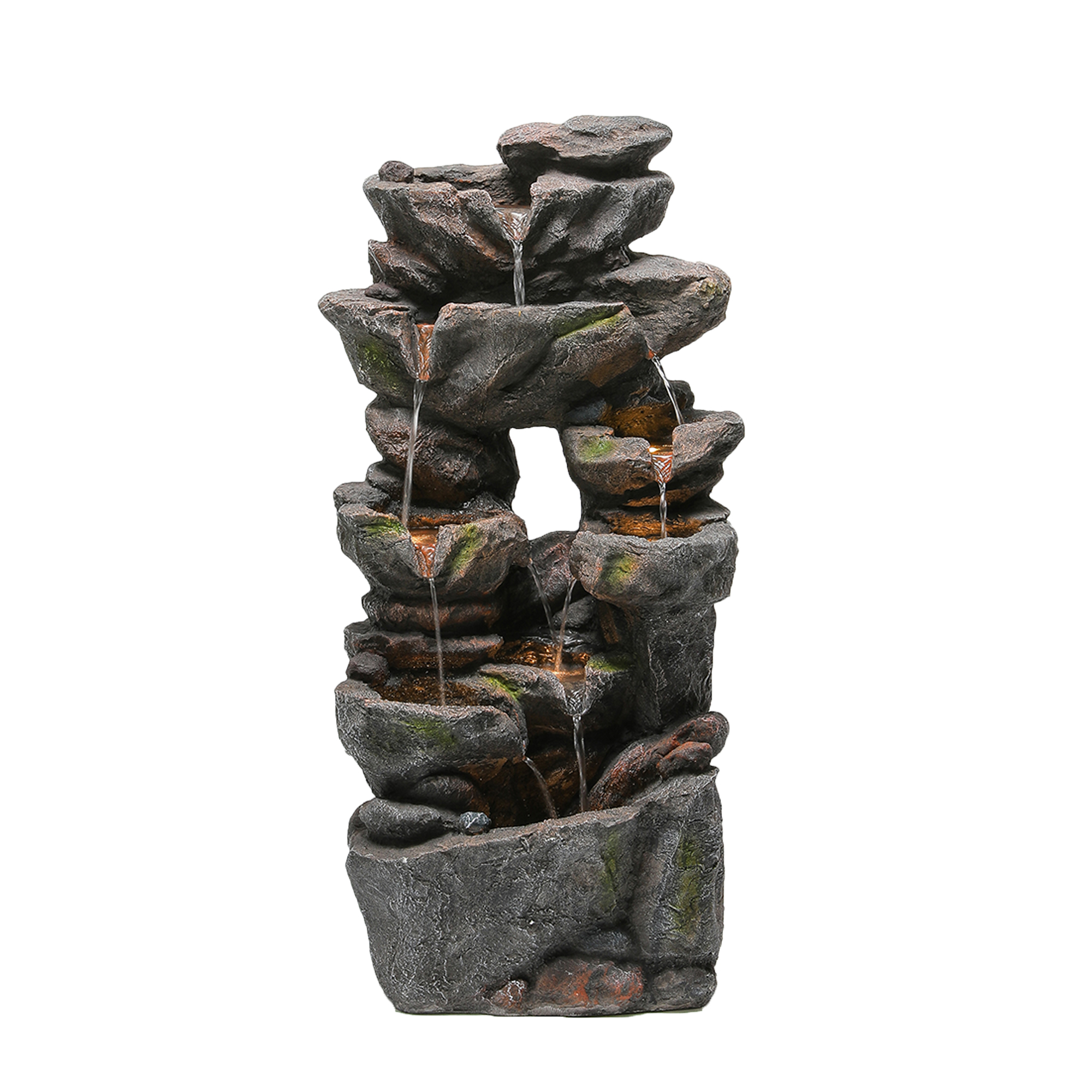 Fontaine de jardin LED décorative avec pompe 16 W - Résine effet pierre naturelle - 46 x 36 x 90 cm - Gris - Idéale terrasse, jardin ou balcon - 7