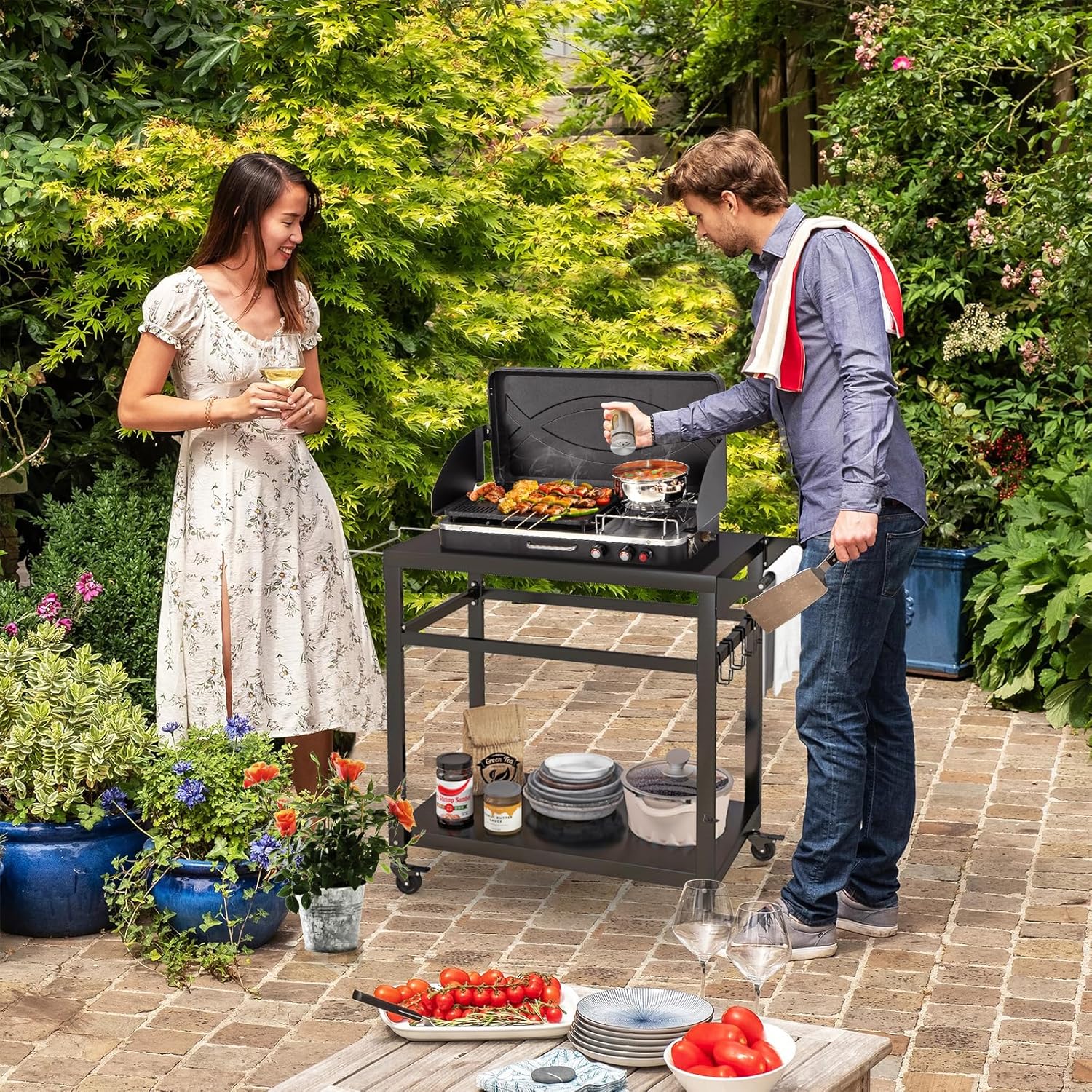 Desserte Jardin, Chariot de Barbecue avec 4 roulettes Verrouillables, Desserte Extérieur pour Barbecue, Plancha avec 4 Crochets et Étagère - 9