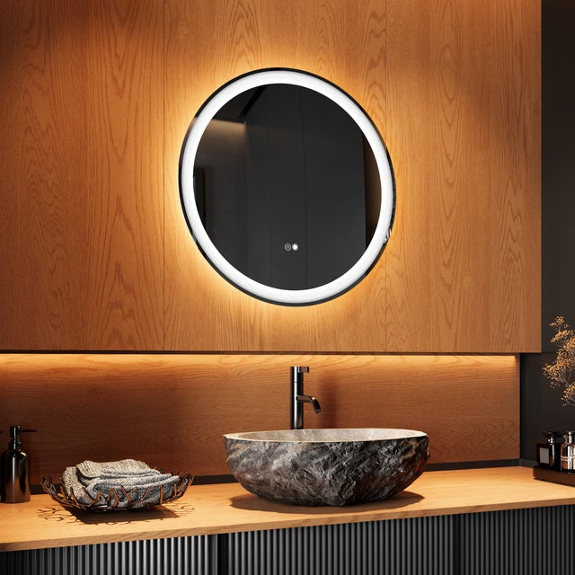 Artforma Espelho de casa de banho redondo iluminado LED 60 cm Iluminação integrada com função anti-embaciamento, tricolor, sensível ao toque | Mirroir