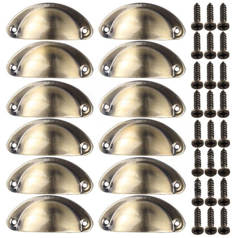 12 uchwytów Shell Cup, uchwyty do szuflad w stylu vintage, klamki do drzwi szafek i gałki, szczotkowany brąz