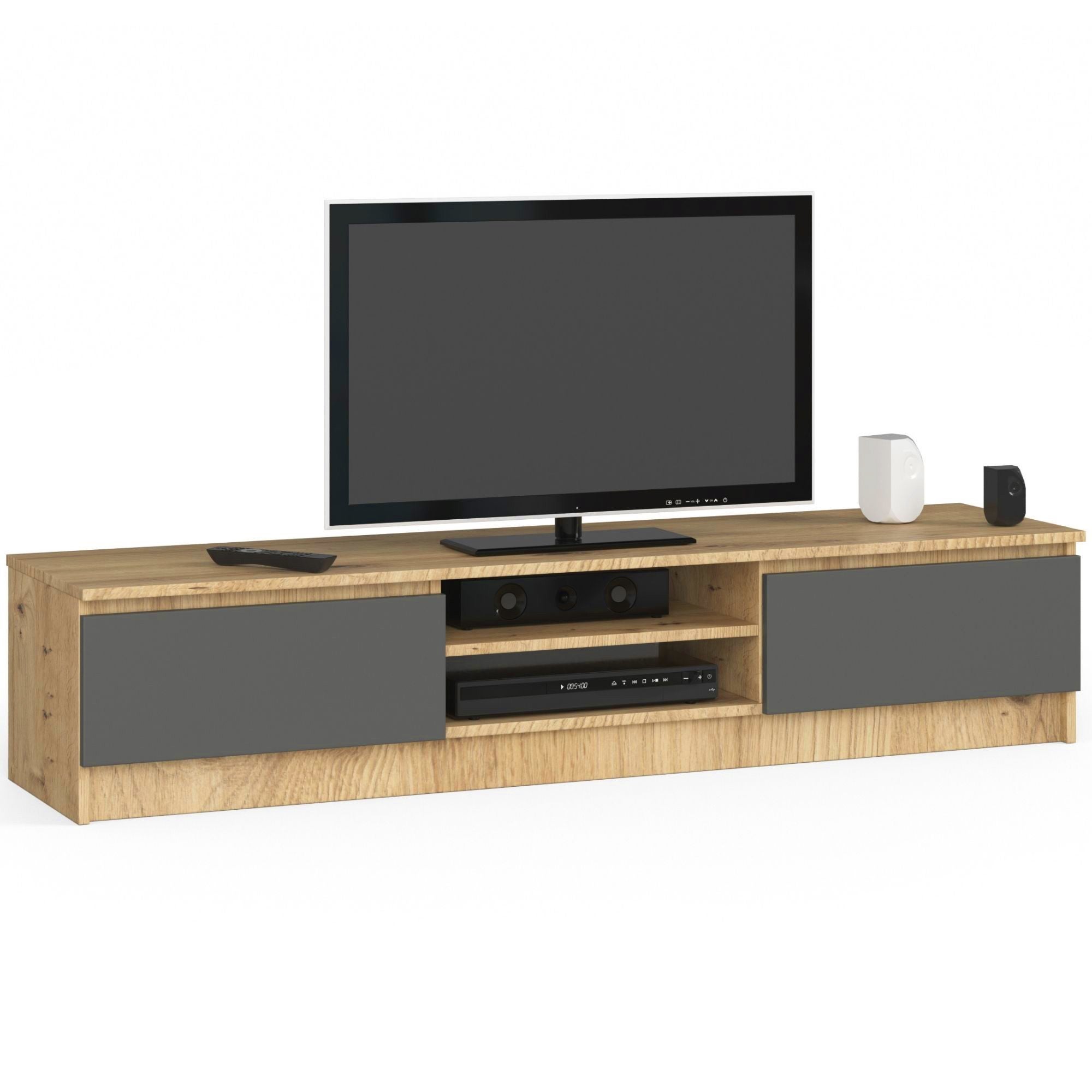 Szafka RTV AKORD Dąb Artisan 160 cm 2 drzwi kolor Grafit Szary mat 2 półki 160x40x33 cm