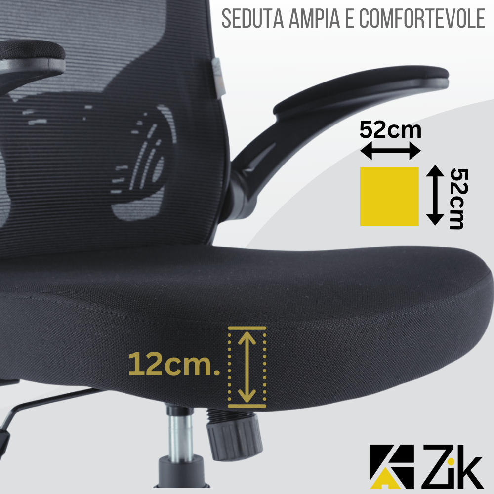 Sedia Ufficio Ergonomica Girevole Reclinabile da Scrivania con Braccioli, Regolabile in Tessuto Nero - ZIK - 7