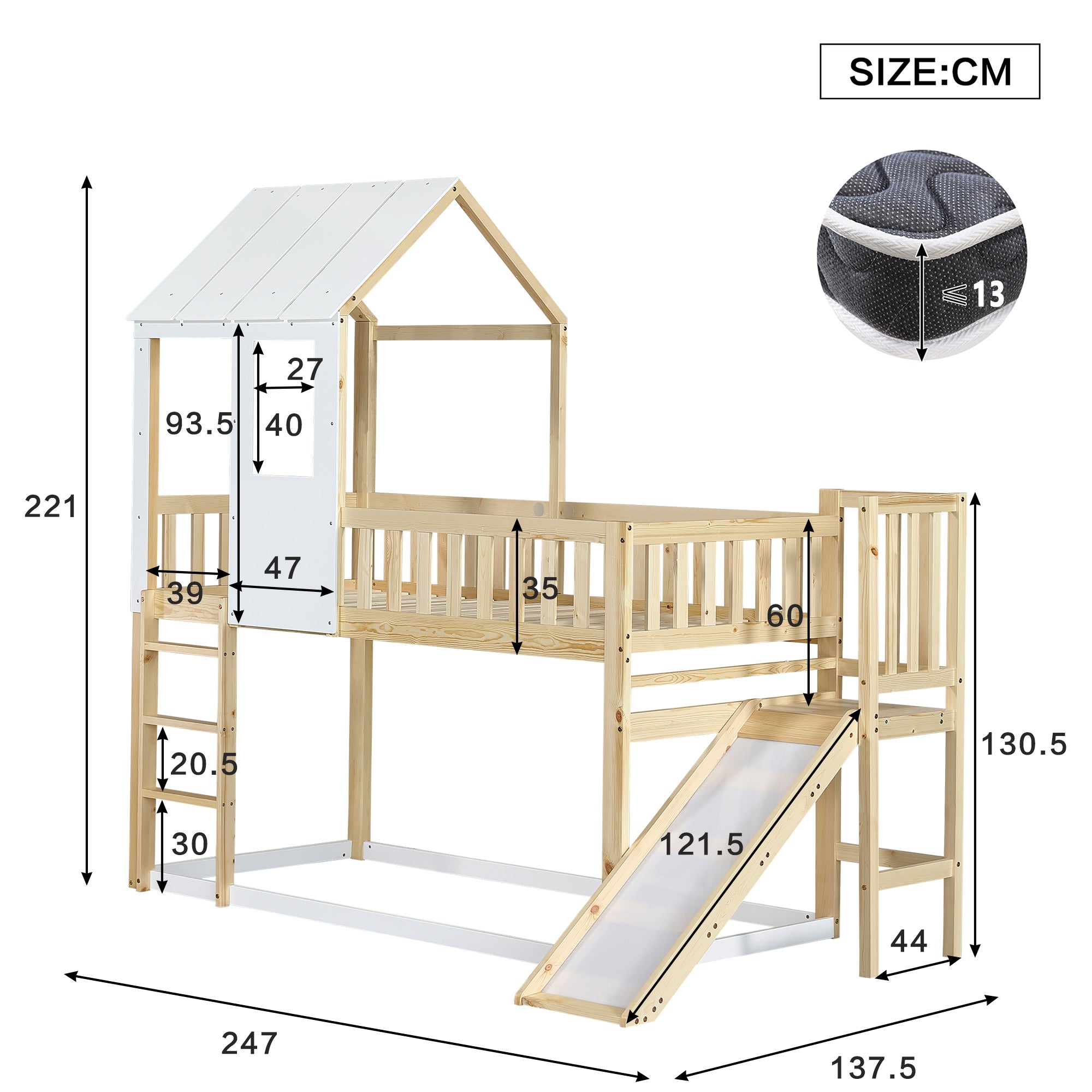 Lit Mezzanine Enfant 90x200cm avec toboggan, Lit superposé avec Cadre en Forme de Maison et Fenêtre, Blanc + Naturel - 3