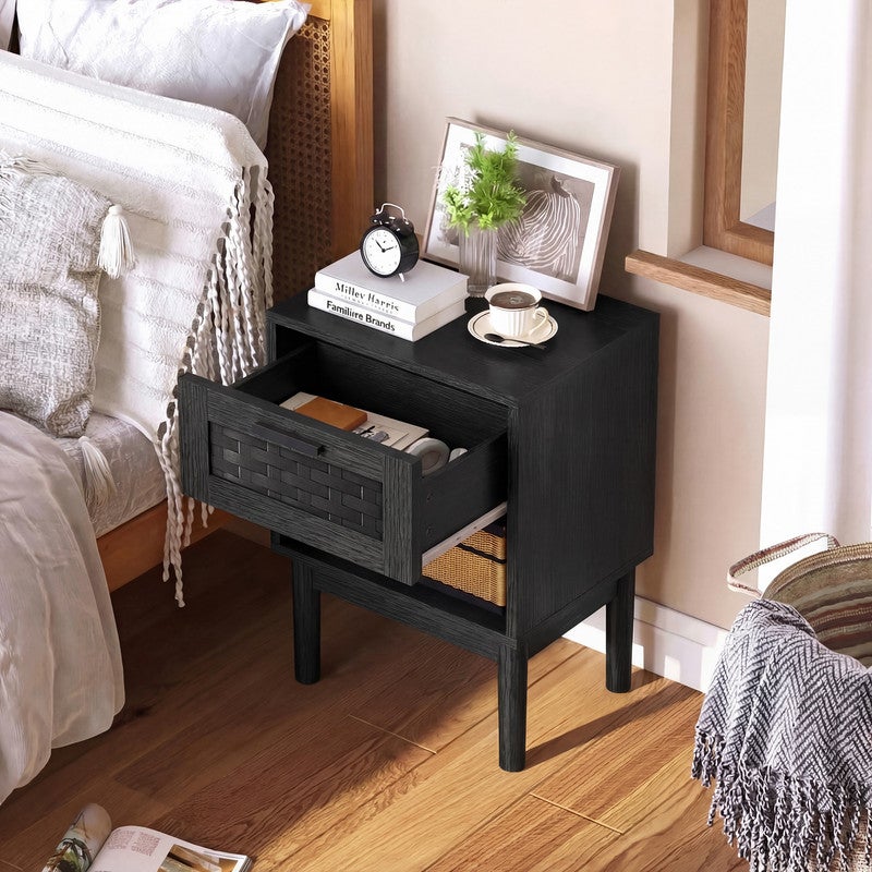 Lot de 2 Table de Chevet, Un Tiroir, Tressage en Rotin, Table de Chevet Moderne, Cadre en Bois, Noir, Table de Chevet - 3