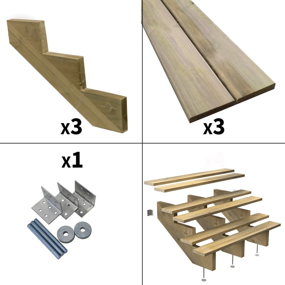 Escalier Bois Exterieur - 3 Marches - Largeur : 1m20 - Hauteur : 51cm - Sans Contremarches - Pin du Nord - Traité Autoclave - 2