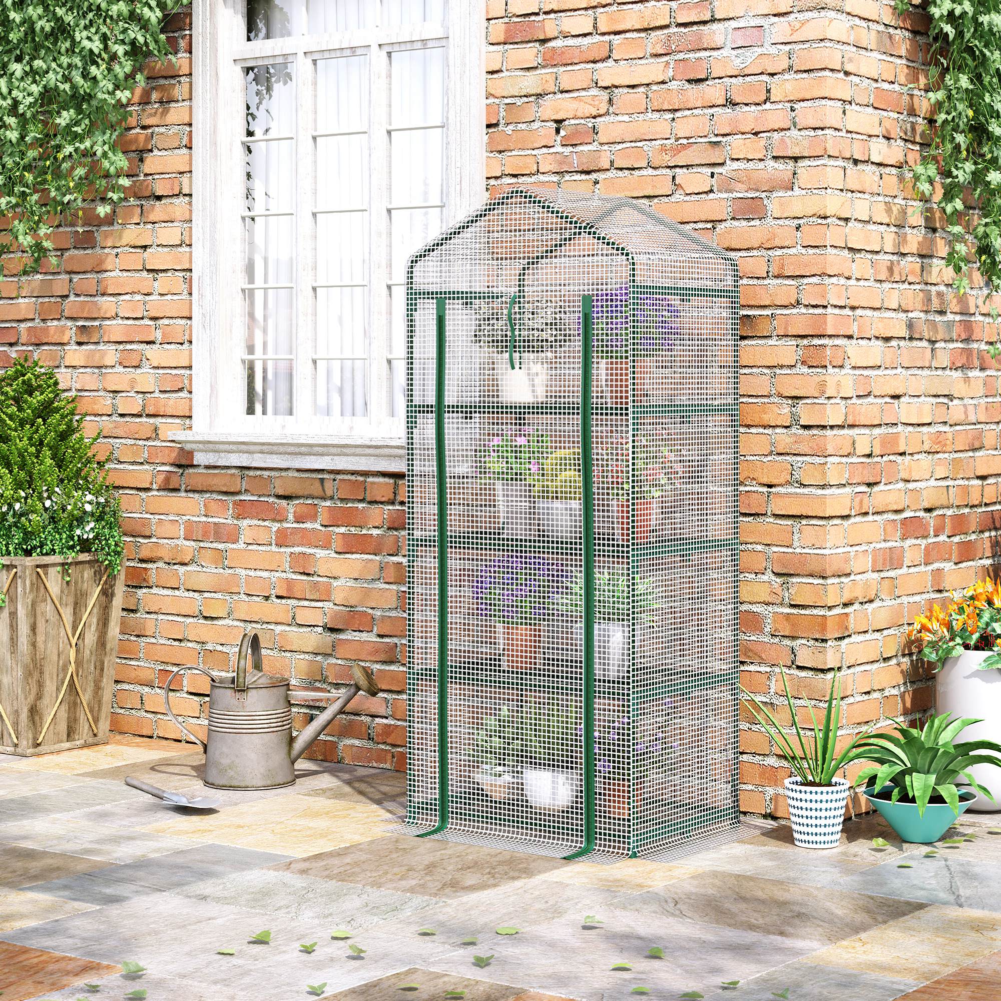 Outsunny Serre de jardin PE avec étagères 4 niveaux, serre de balcon, bâche renforcée 140 /m², châssis en acier, porte zippée enroulable 70x50x160cm - 4