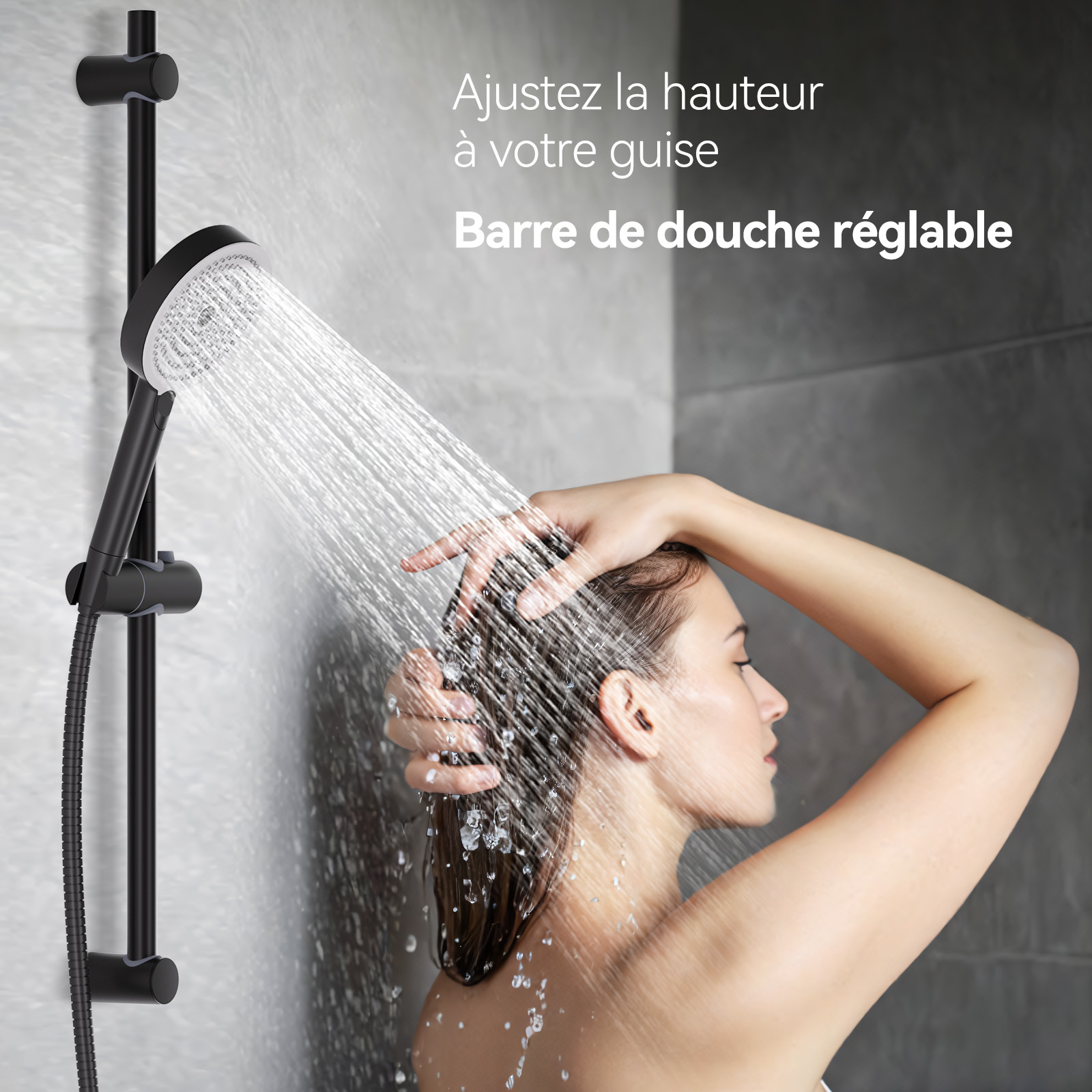 Barre de Douche 71cm en Acier Inoxydable,Barre de Douche avec Support Pommeau de Douche et Support de Douche Muraux Réglable Variables,Noir - 5