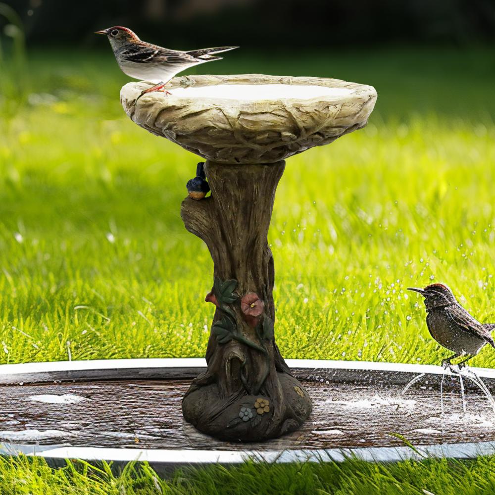 Fontaine pour oiseaux en béton effet bois 65 cm avec bassin profond et oiseau décoratif pour jardin élégant - 5