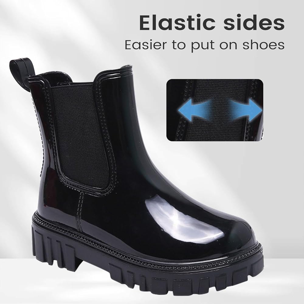 Bottes de Pluie Femme Courtes Botte Caoutchouc Antidérapant Chelsea Bottines Confortables Imperméable Chaussures pour Résistant à l'eau（Noir，38 EU） - 4