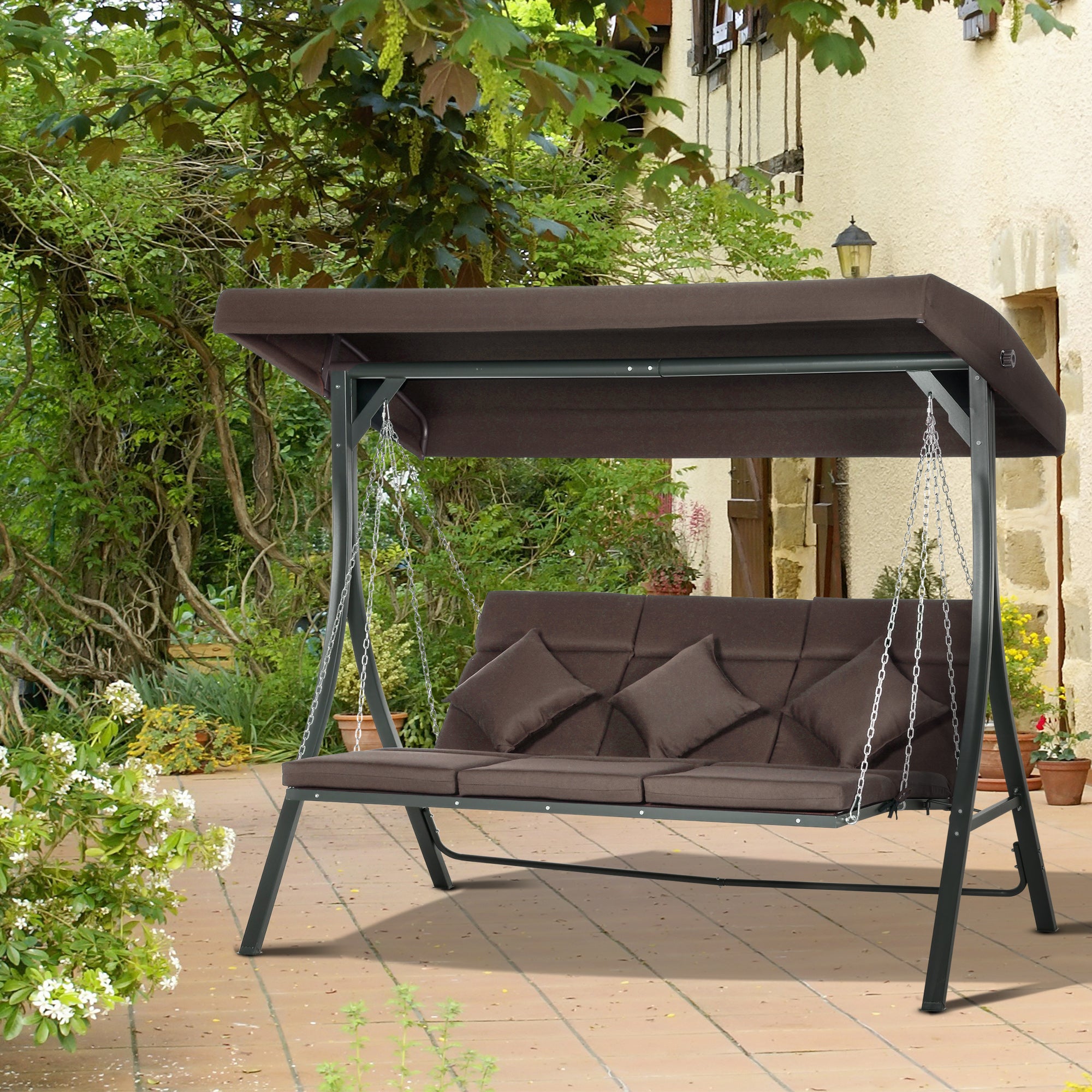 Dondolo Da Giardino 3 Posti Outsunny | Con Tettuccio Regolabile E Tasche Portaoggetti | Grigio Scuro, 196x128x172 Cm | Per Terrazzo E Giardino - Foto 10