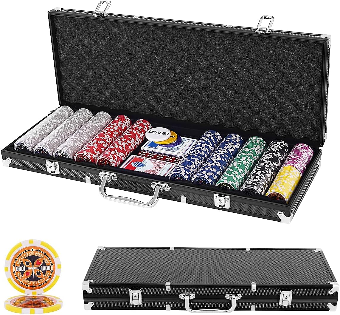 Profesjonalna Aluminiowa Walizka do Pokera z 500 Żetonami, 2 Taliami Kart, 3 Kartami Krupiera, 1 Matą, Zestawami do Pokera w Stylu Kasynowym (Czarna)