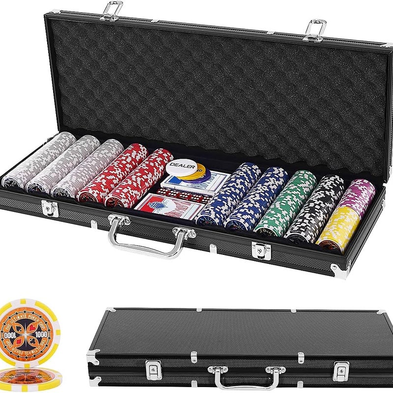 Profesjonalna Aluminiowa Walizka do Pokera z 500 Żetonami, 2 Taliami Kart, 3 Kartami Krupiera, 1 Matą, Zestawami do Pokera w Stylu Kasynowym (Czarna)