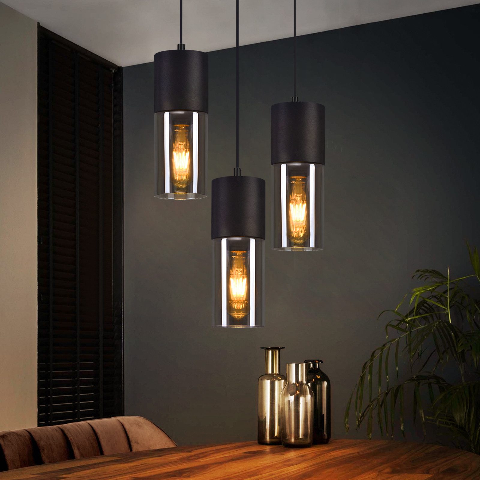 ZMH Lampa wisząca 3-punktowa, lampa wisząca szklana, dioda LED E27, okrągła lampa wisząca w kolorze czarnym