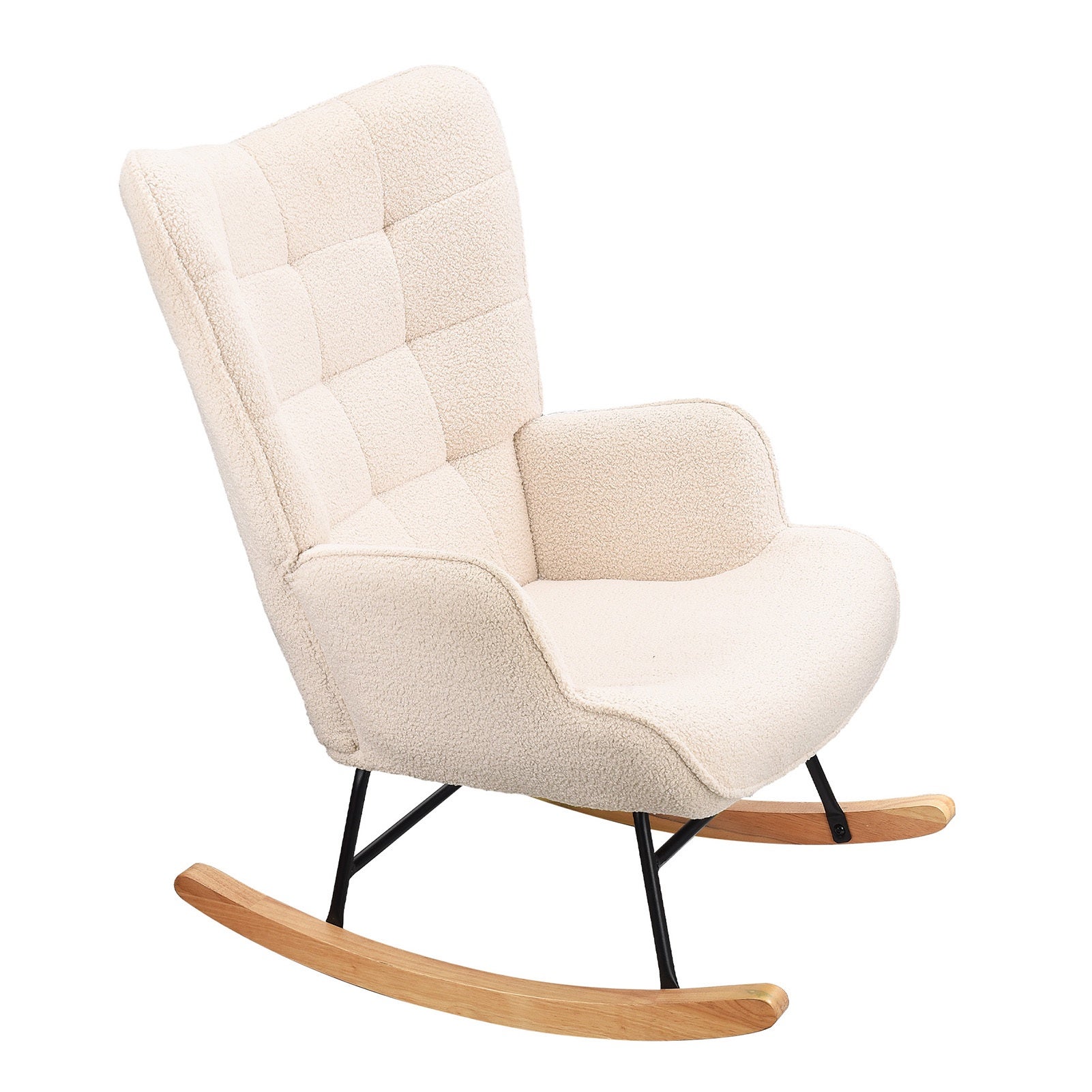 Fauteuil à Bascule - Scandinave - Dossier Capitonnée en carré - Balancelle Relaxante - 68x75x92cm - Velours Teddy Beige - 6
