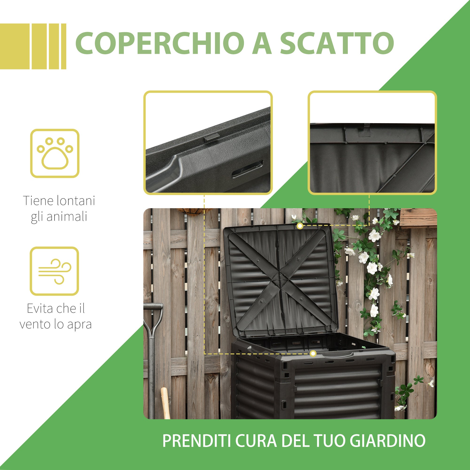 Composteur de jardin, composteur domestique en plastique noir de 300 L, bac à compost avec couvercle à clipser - 6