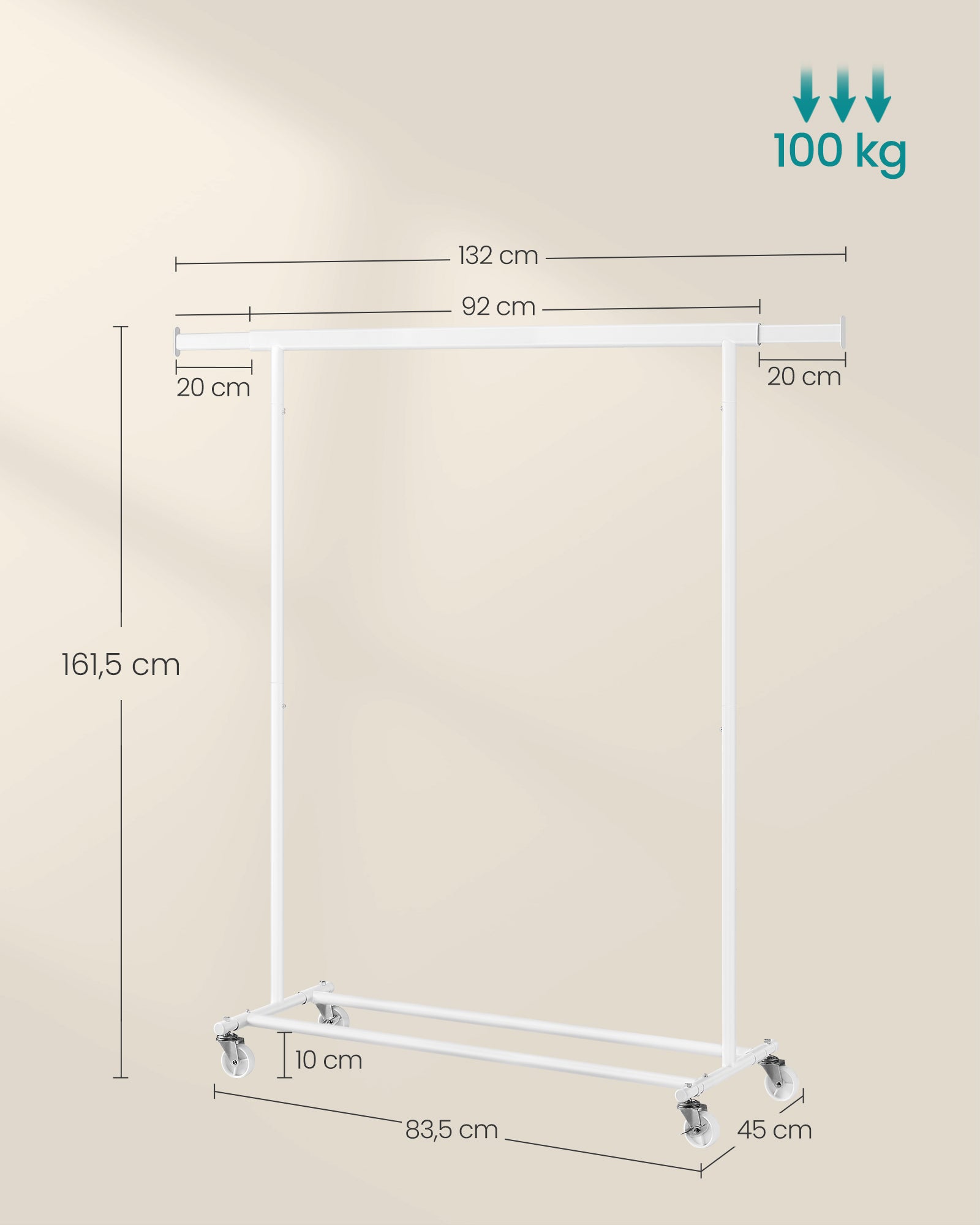 Portant à Vêtements avec Roulettes, Tringle Extensible pour Charge Lourde, Capacité de Charge 100 kg, Blanc Classique - 5