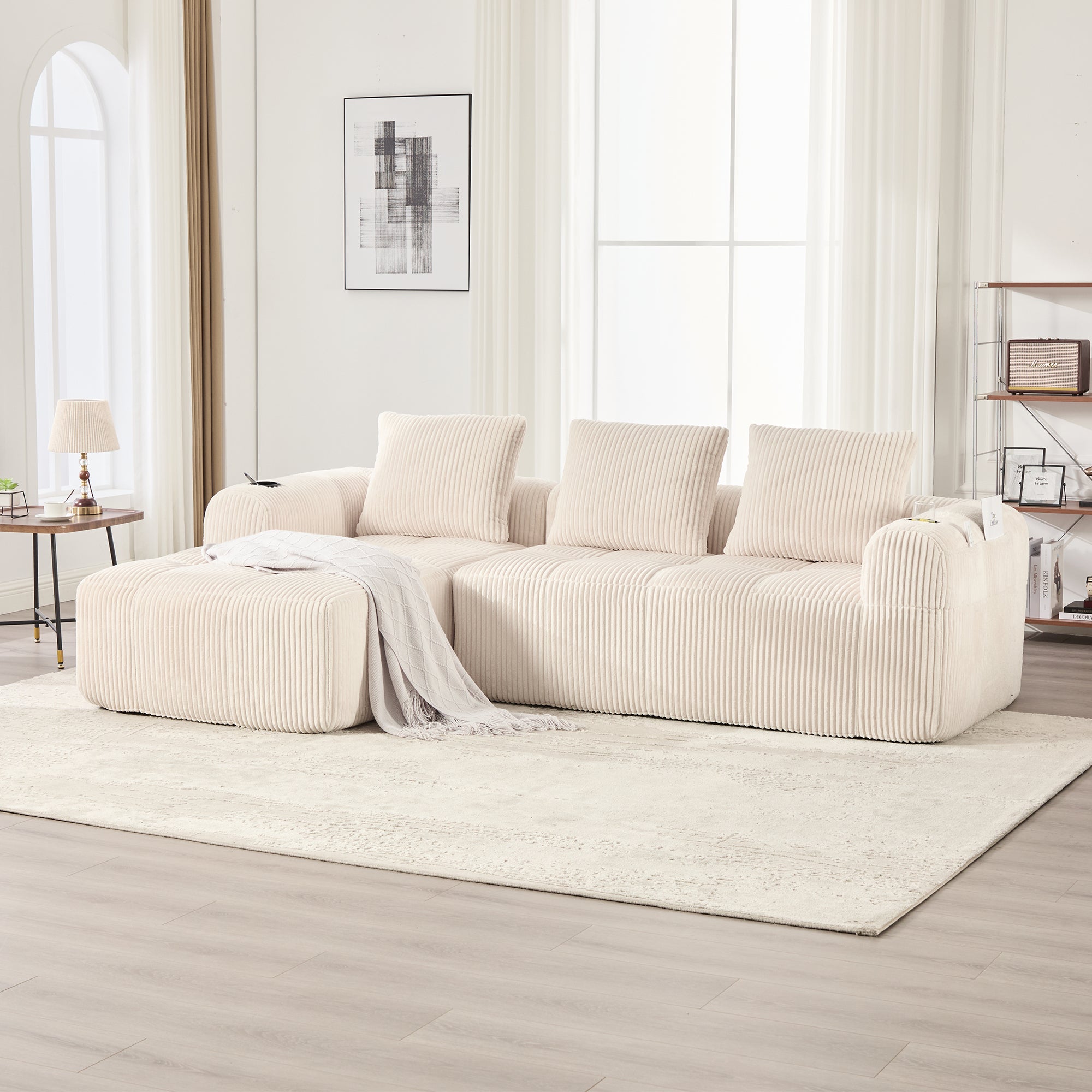 Canapé modulable 253x158x61cm en velours côtelé, Coffre de rangement latéral et porte-gobelets, 3 coussins inclus, Confort gain de place, Beige - 3