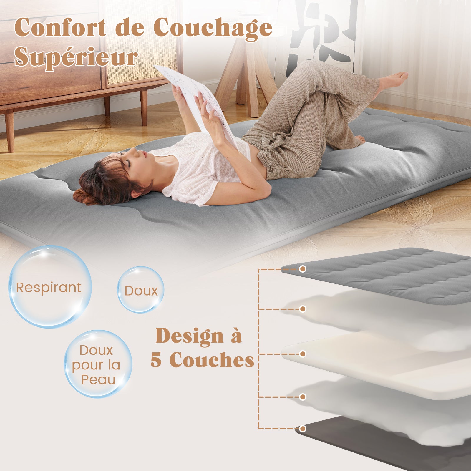 Matelas Futon Portable Pliable, Matelas Futon Japonais 90 x 200 cm, Housse Lavable,d'Invités (Gris) - 6