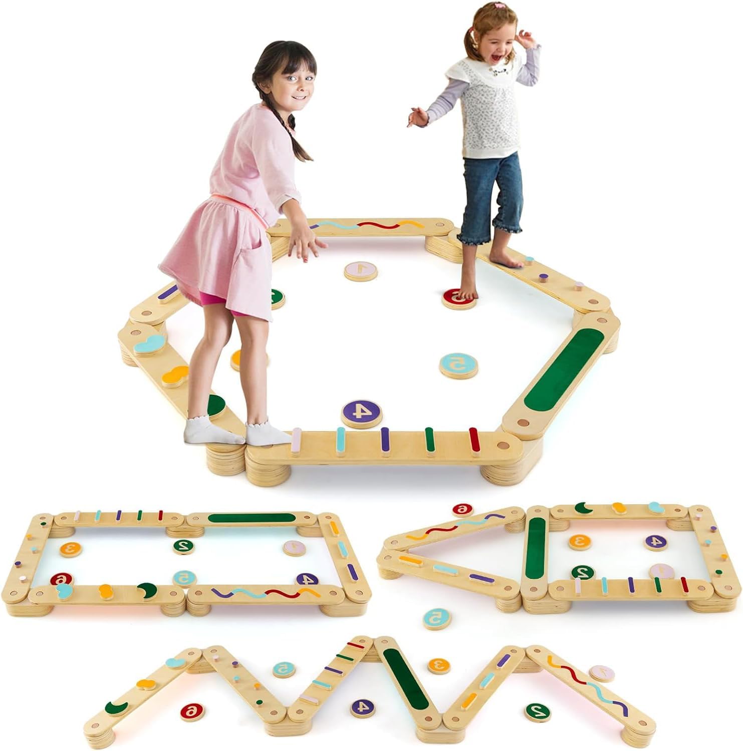 Drewniana Równoważnia dla Dzieci, Równoważnia Montessori z Trampolinami, Dwustronna, Dowolna Kombinacja, Tor Przeszkód, Wielokolorowa