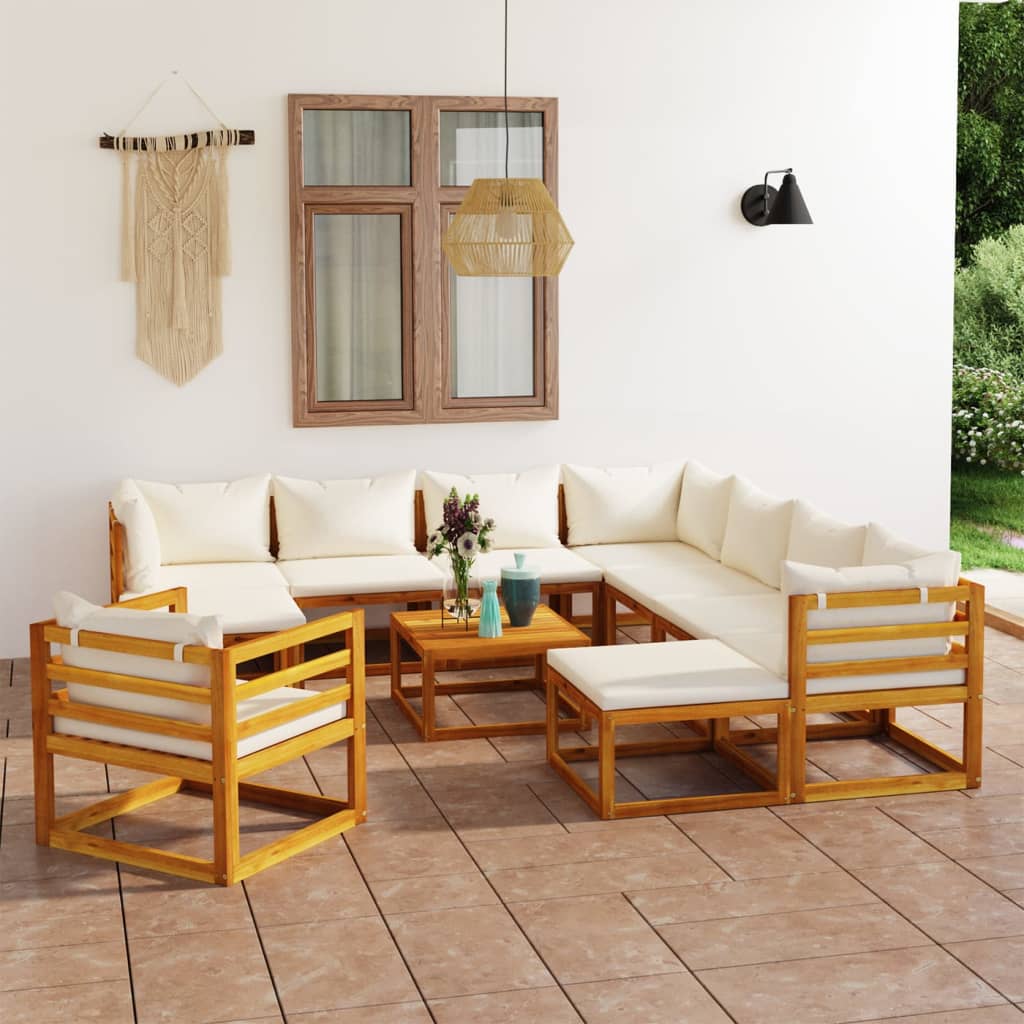 Salon de jardin 12 pcs avec coussin Crème Bois d'acacia solide - 2