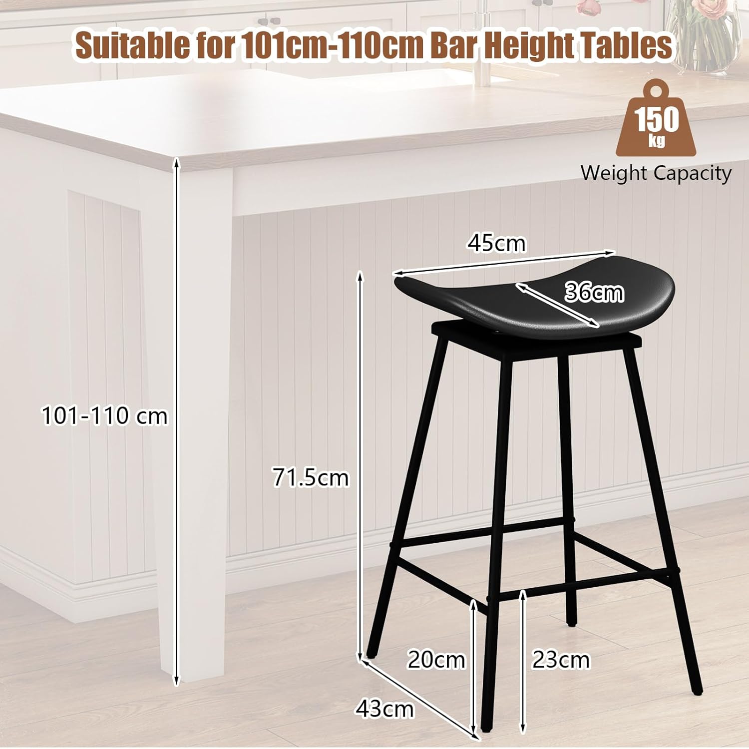 Zestaw 2 Stołków Barowych, Obrotowych o 360°, Tapicerowanych Skórą Syntetyczną, z Podnóżkiem, Wysokość Siedziska 71,5 cm, do Kuchni – Czarny - 2